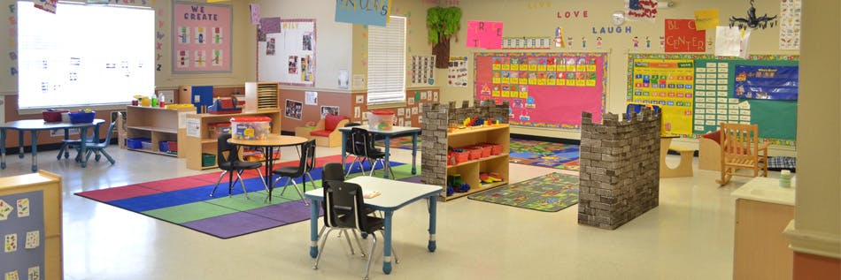 Empty classroom with small tables and chairs