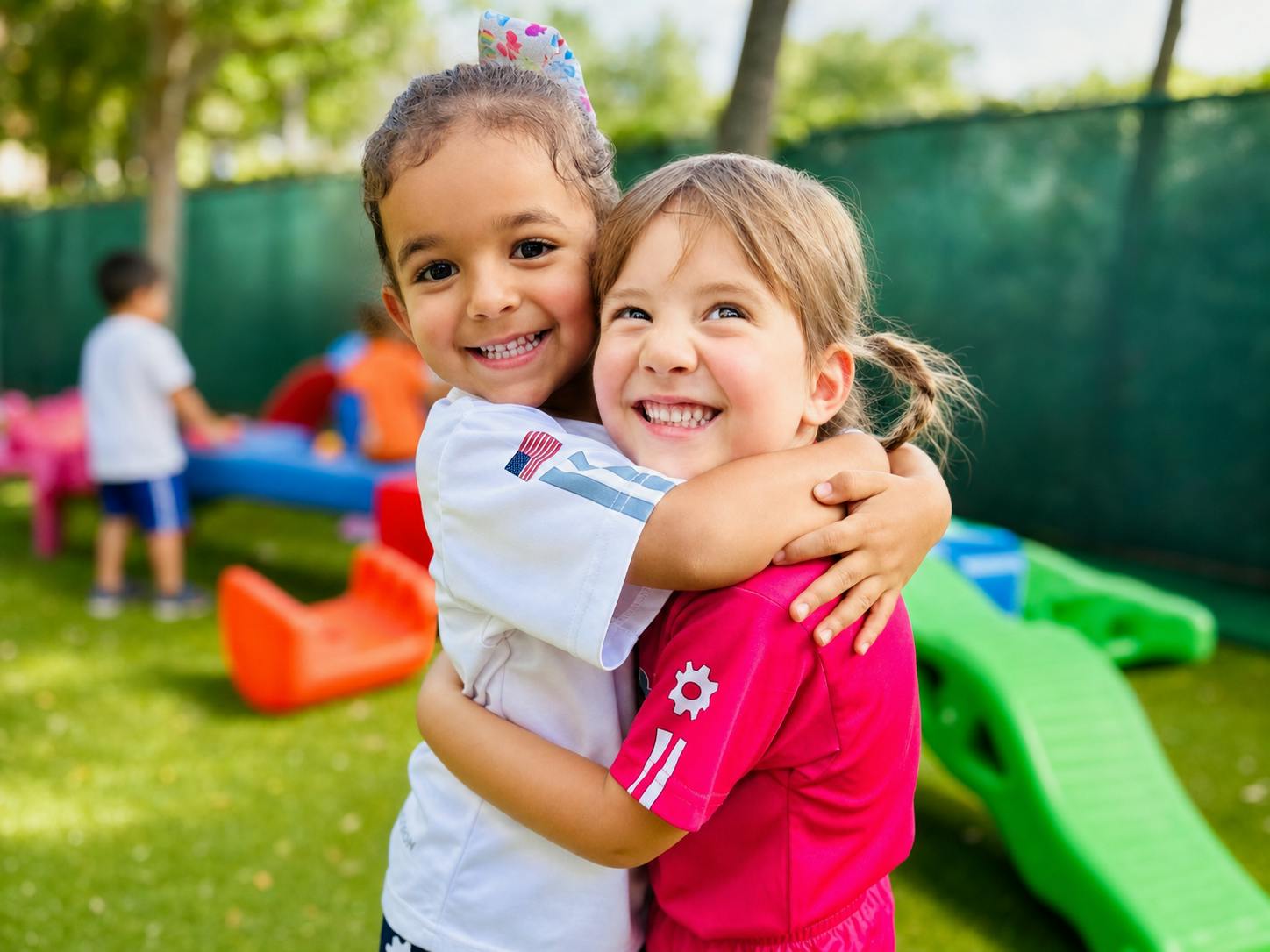 Two children hugging on a playground