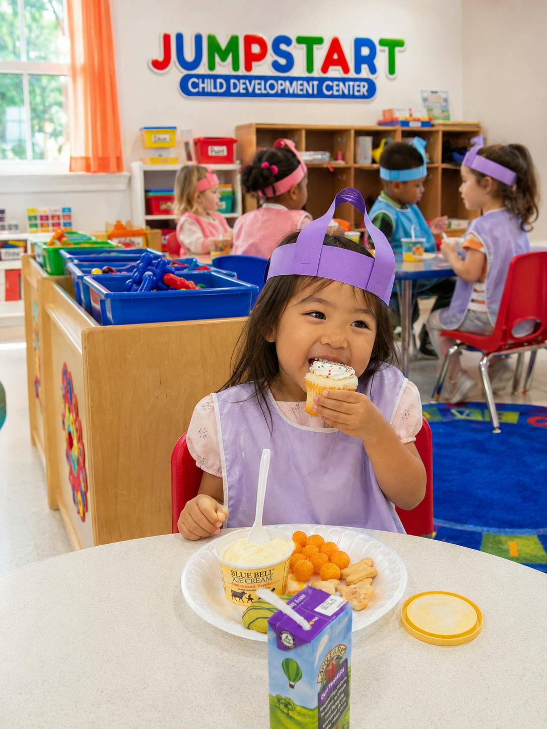 Child wearing a purple paper crown eating a cupcake at a daycare