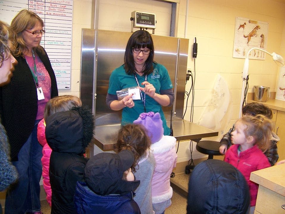 Person in scrubs showing something to a group of children