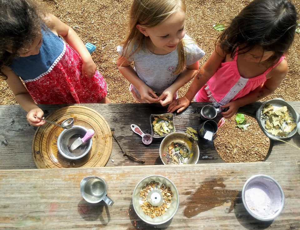 Three children playing with bowls and natural materials on a wooden table