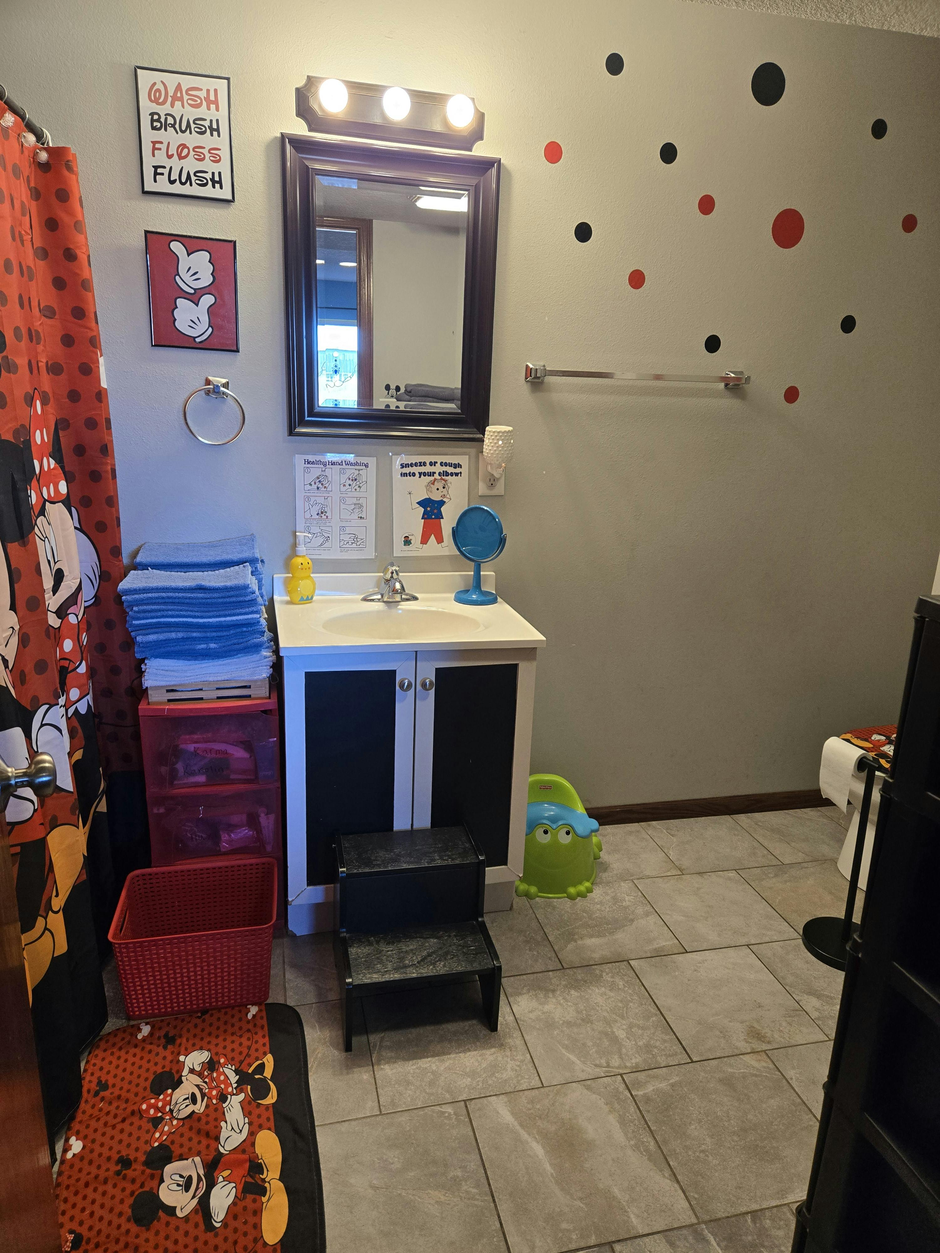 Bathroom with a sink, mirror, and shower curtain