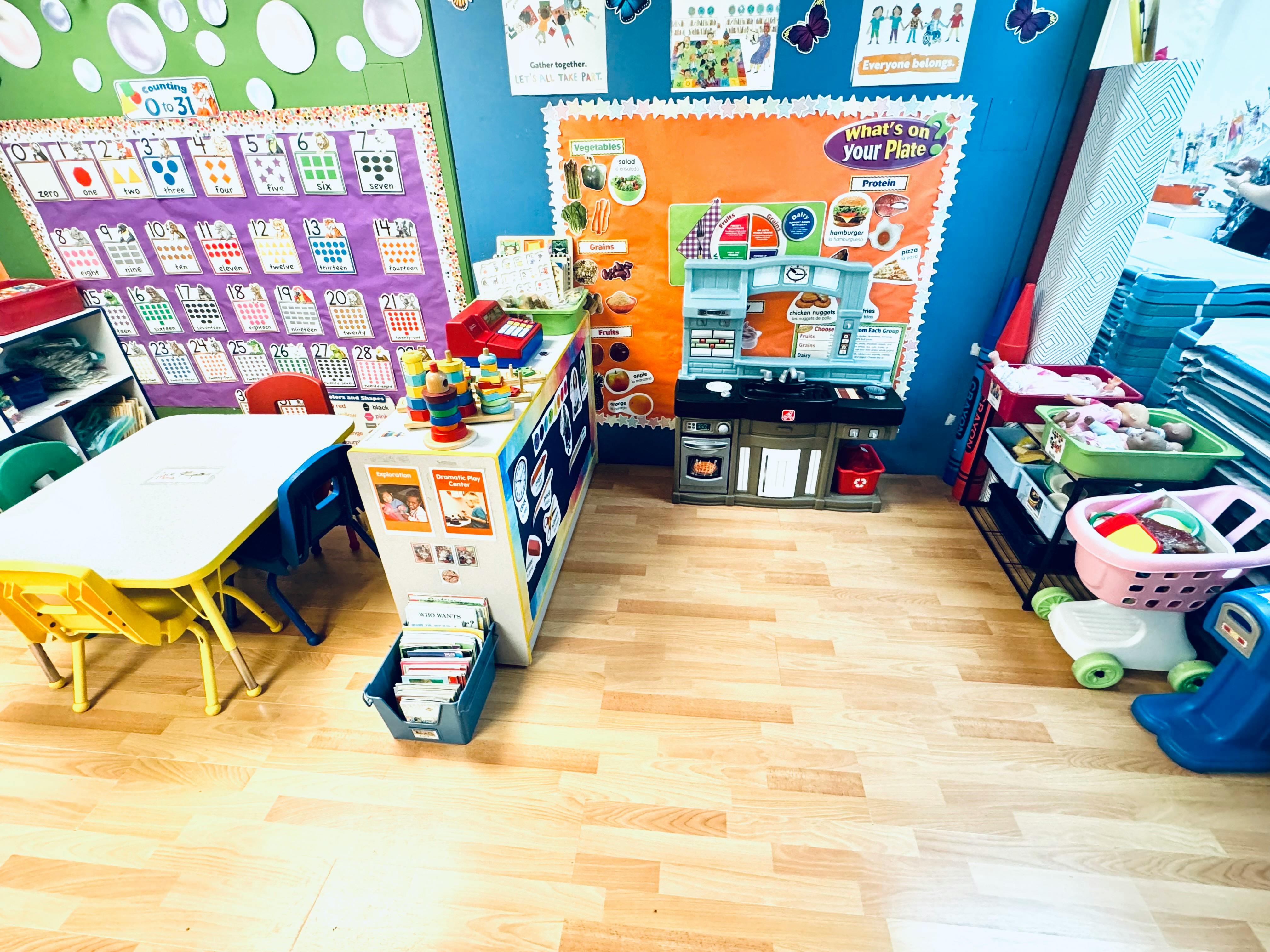 Preschool classroom with play kitchen, tables, and learning charts