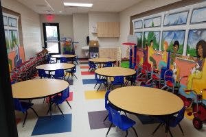 Classroom with small tables and chairs
