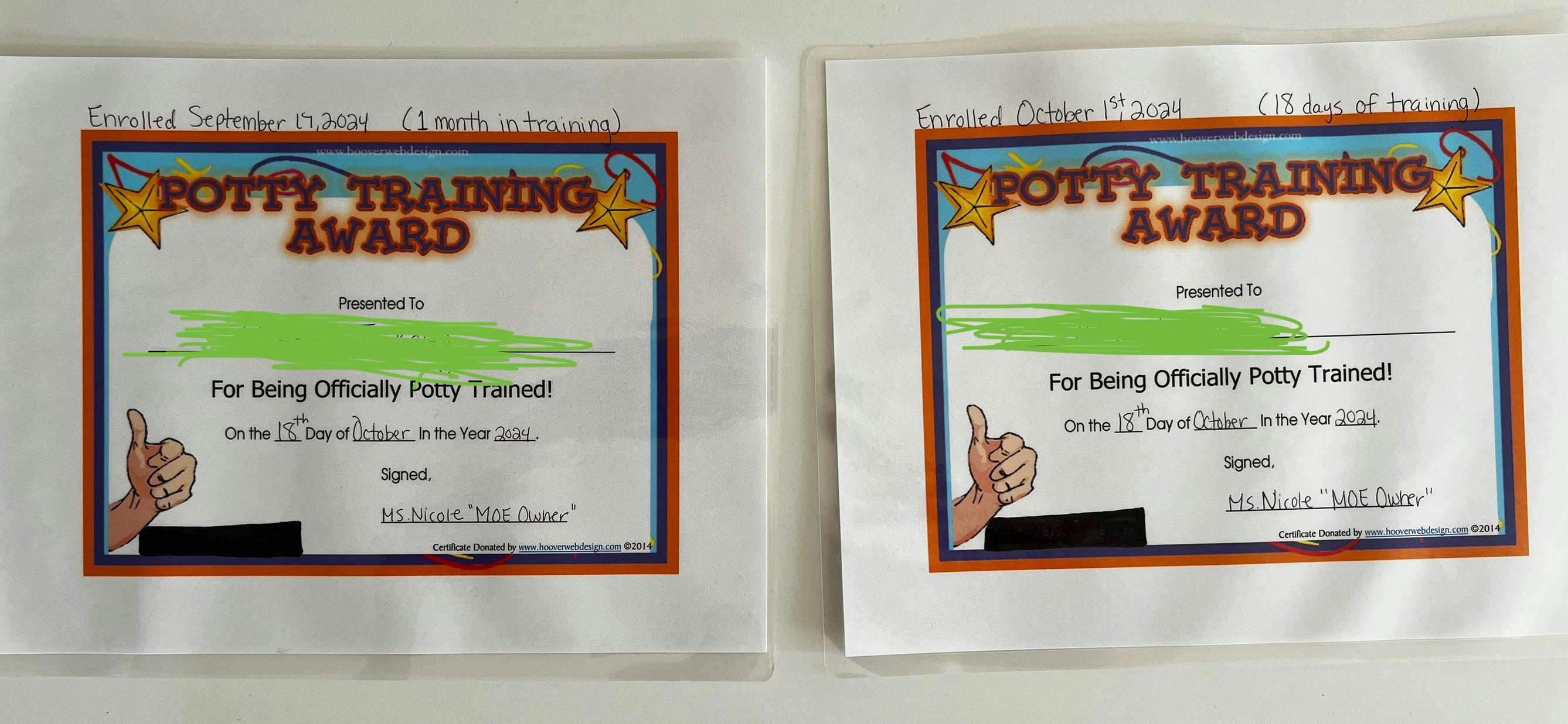 Two "Potty Training Award" certificates