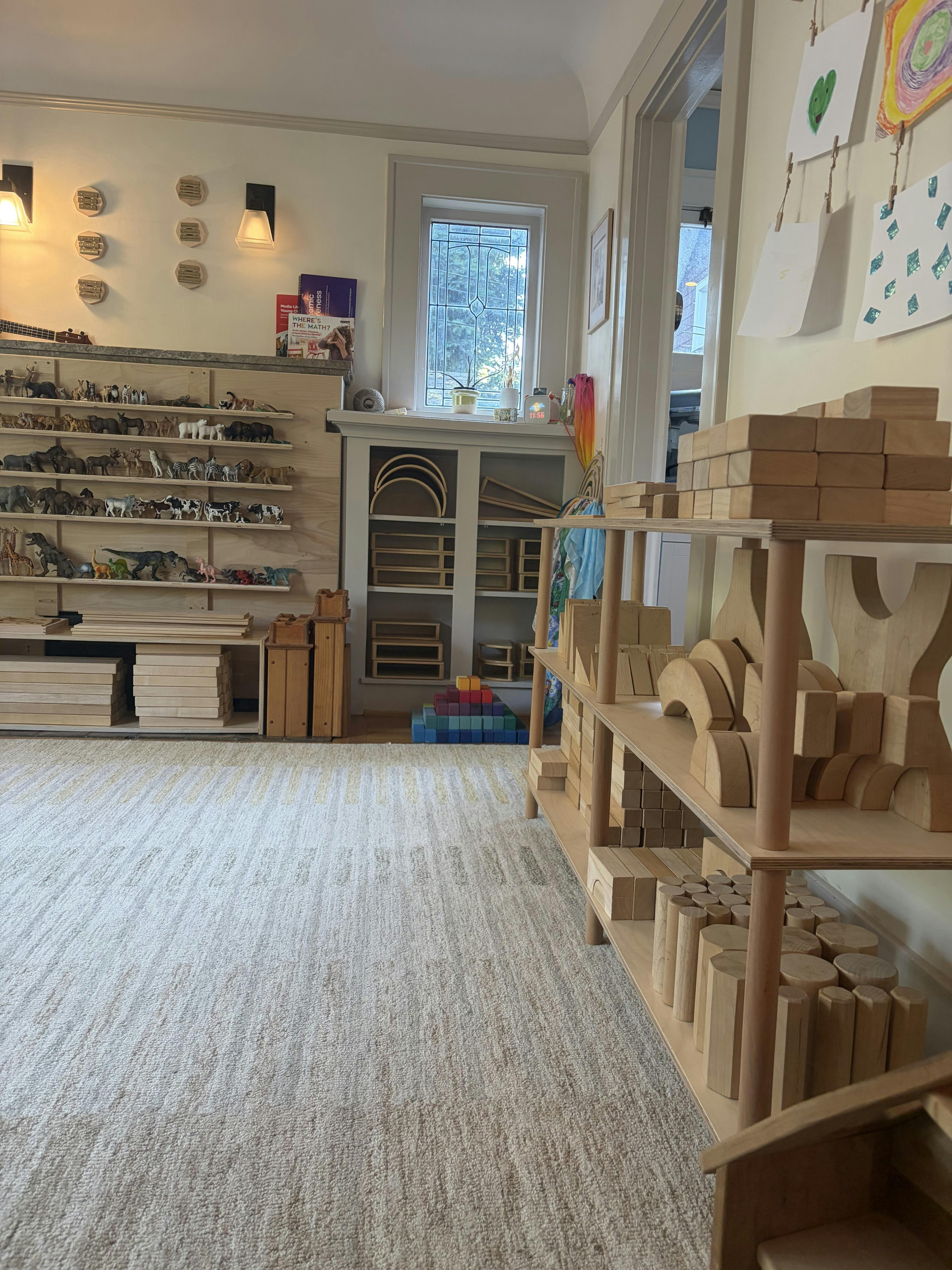 Wooden toy animals and blocks organized on shelves in a playroom