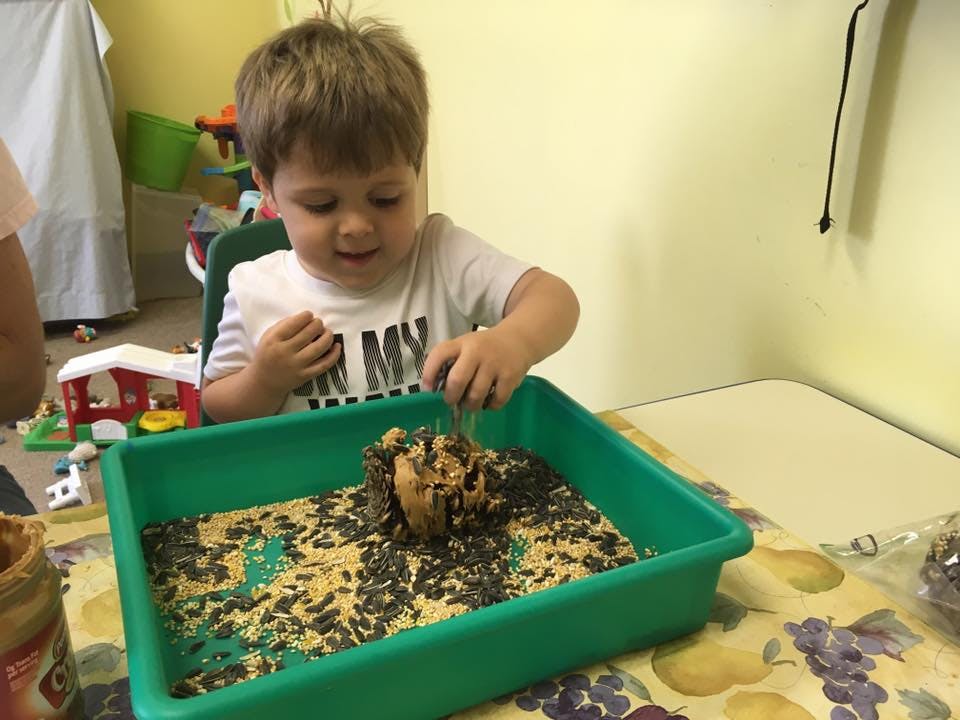 Child playing with a sensory bin filled with seeds and other materials
