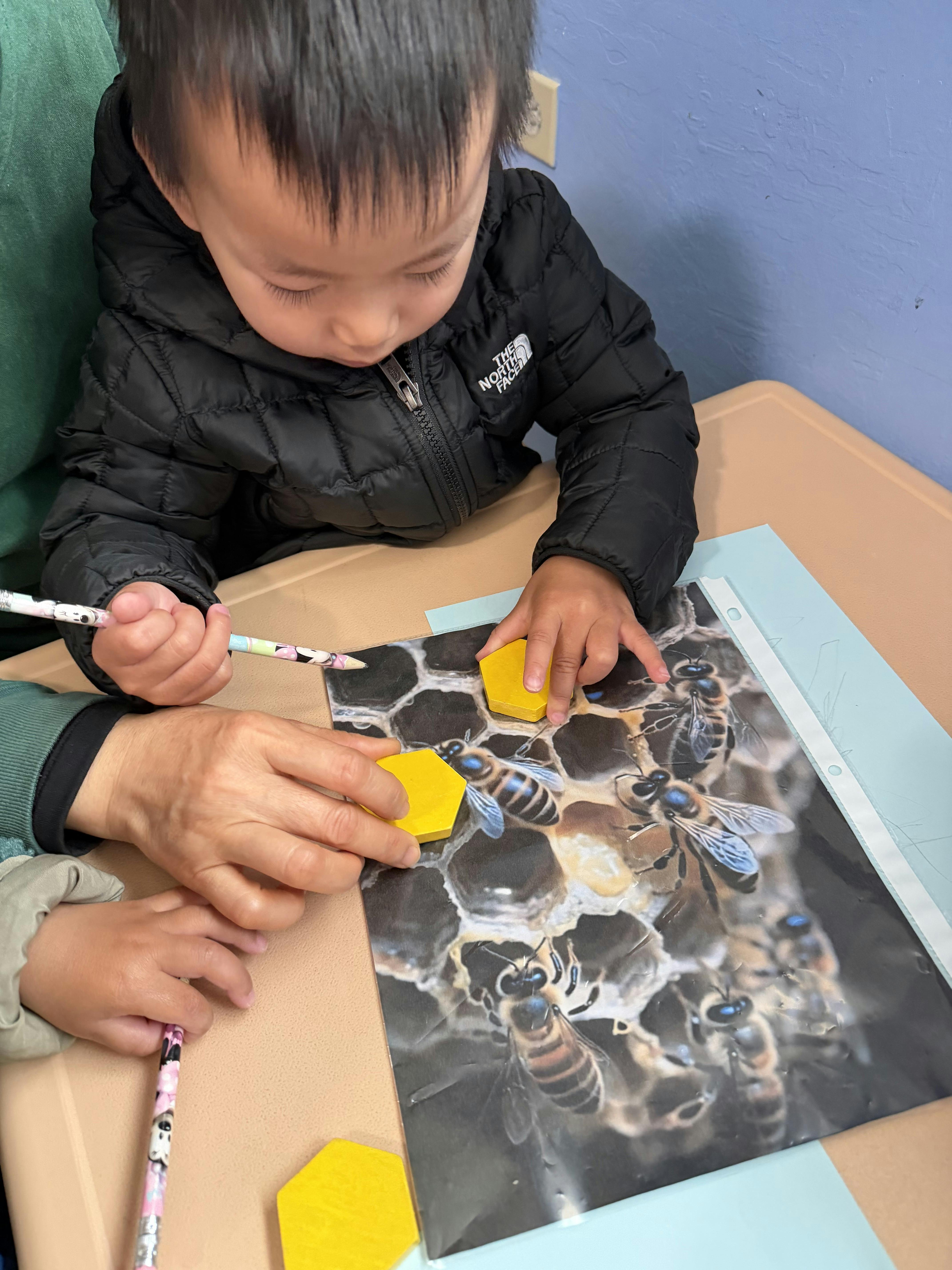 People placing yellow hexagon shapes on a picture of a honeycomb with bees