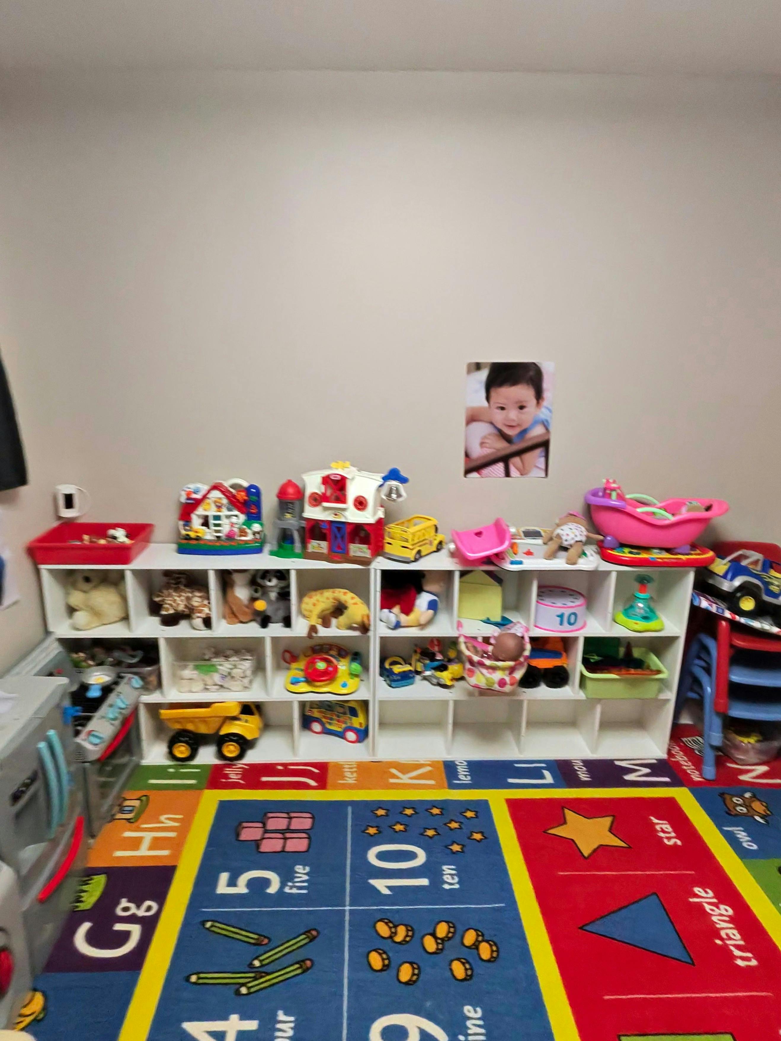 Child toys organized on shelves with a play rug on the floor