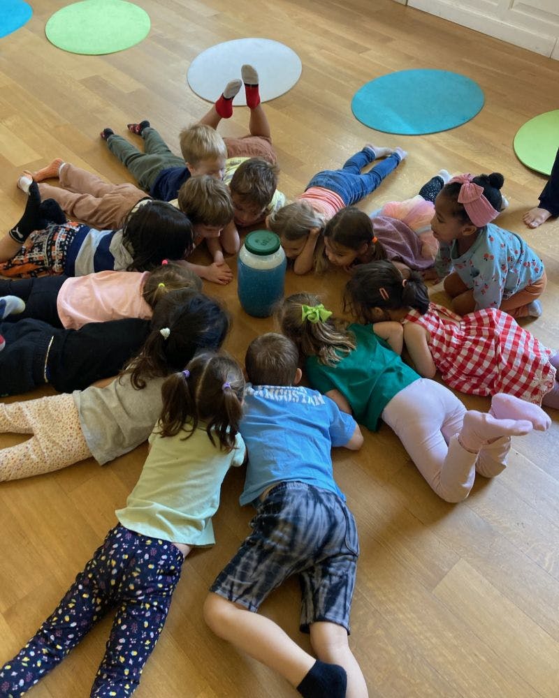 Children lying on the floor in a circle looking at a container