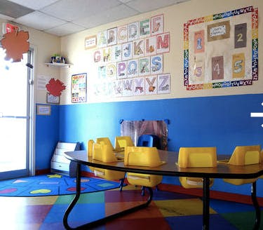 Classroom with alphabet posters and small tables with yellow chairs