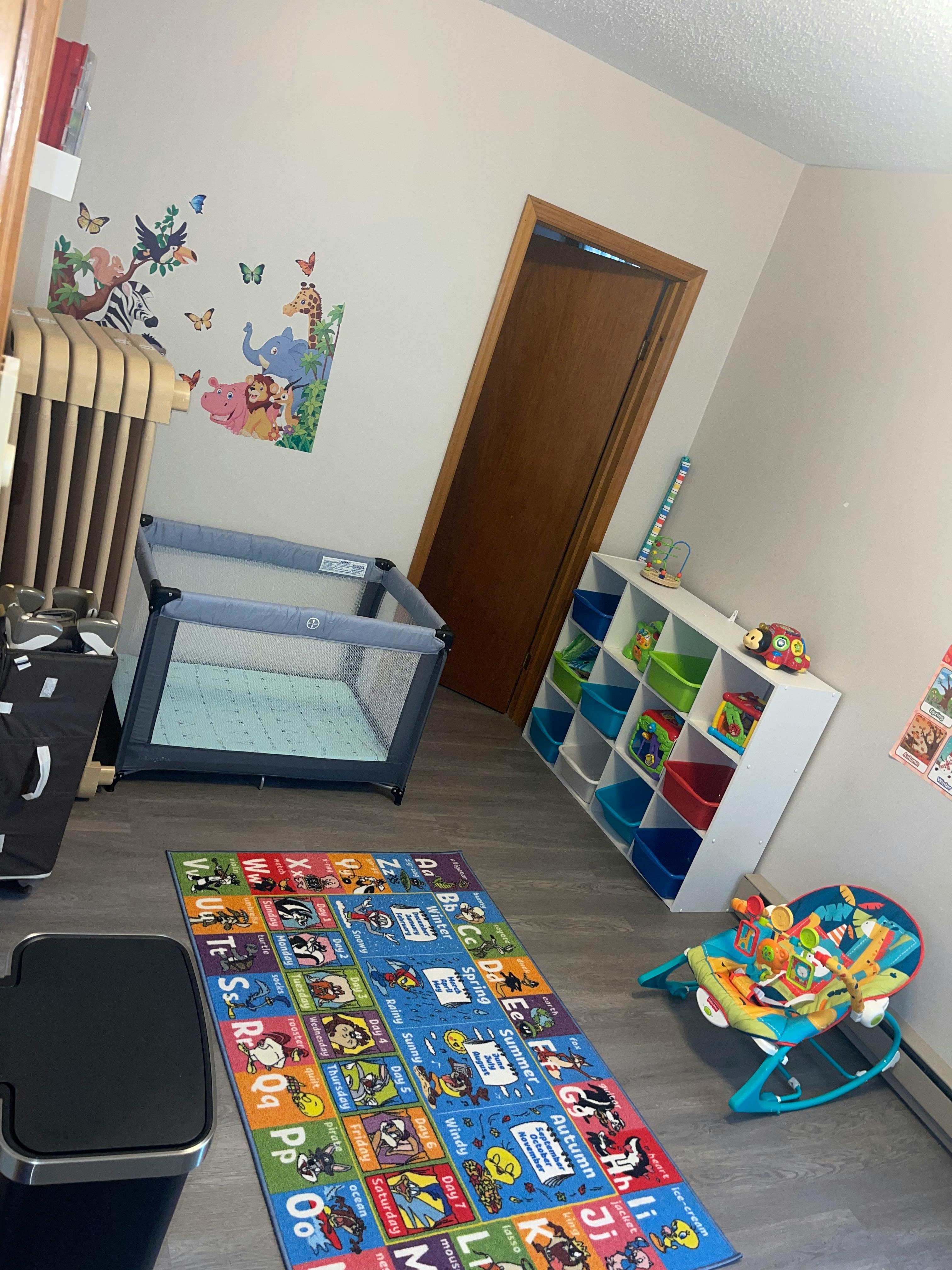 Playroom with a playpen, toy organizer, and alphabet rug