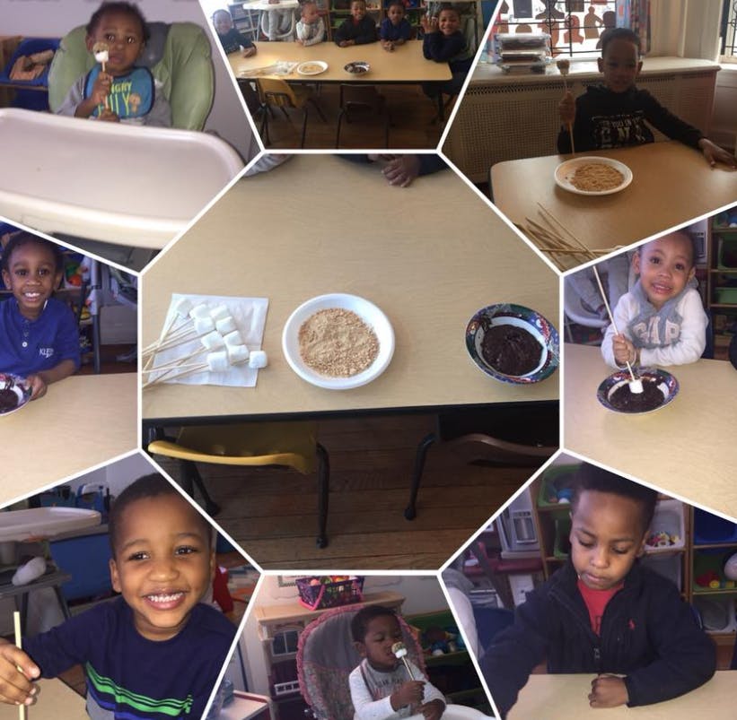 Children making s'mores with marshmallows, chocolate, and graham cracker crumbs