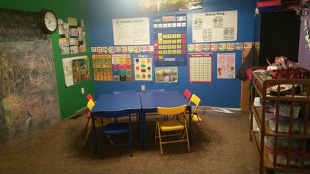 Classroom with blue tables and chairs, colorful charts on blue and green walls