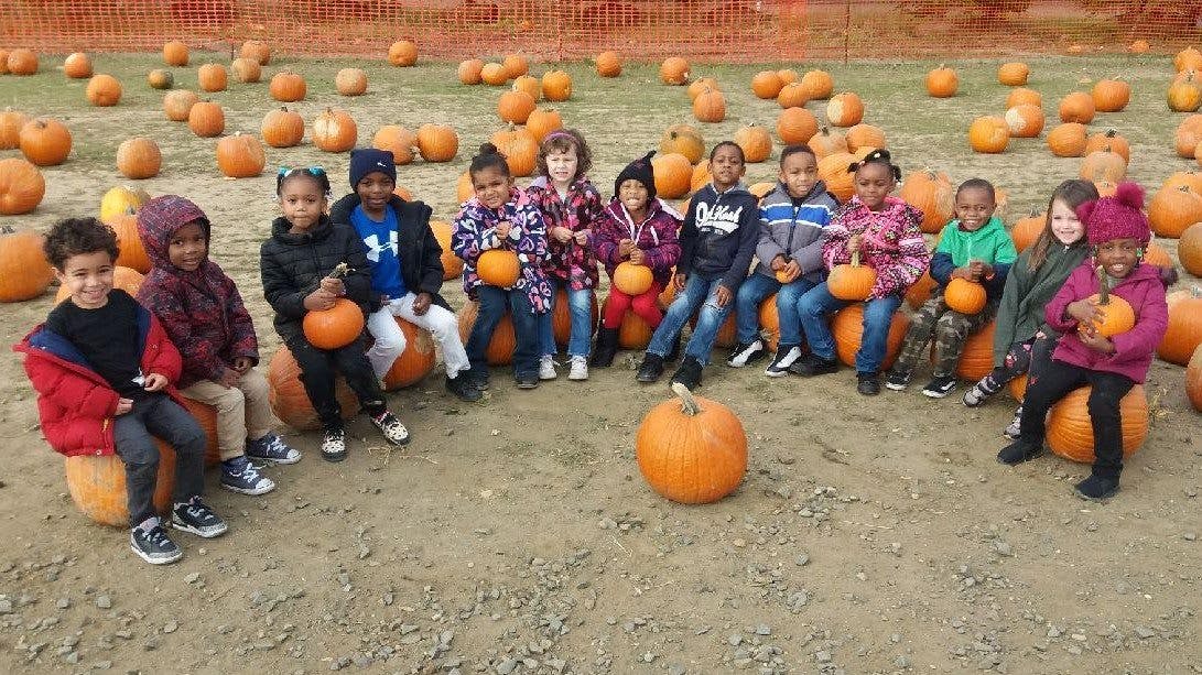 Group of children sitting on pumpkins in a pumpkin patch