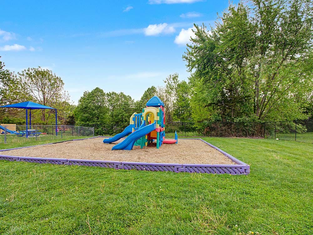 Colorful playground with slides in a grassy area