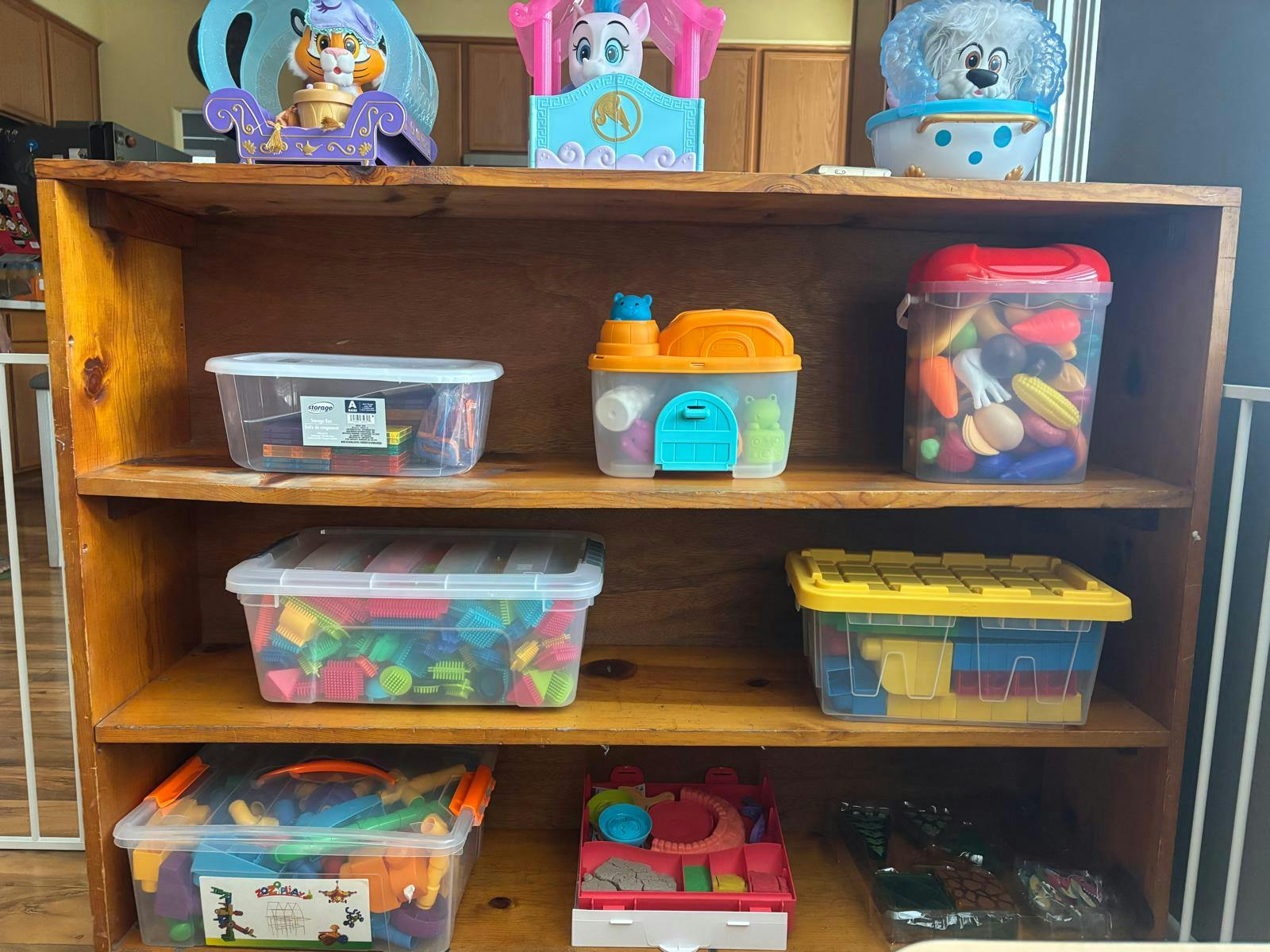 Wooden shelving unit organized with clear plastic storage bins filled with toys