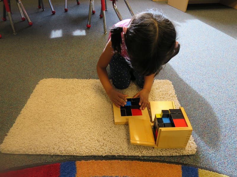 Child kneeling on a rug, playing with colorful blocks in wooden trays