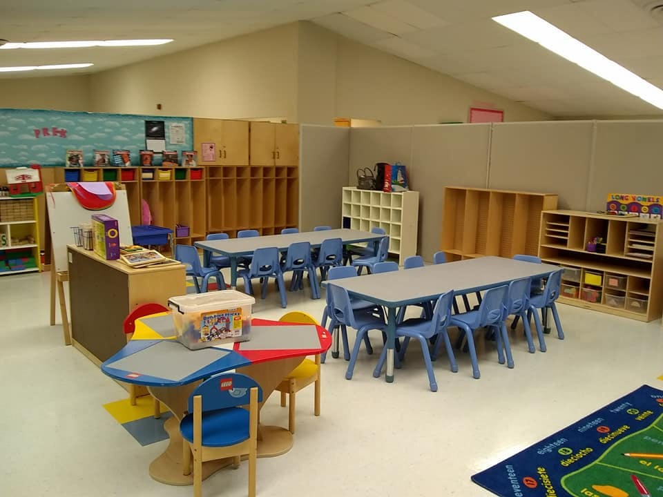 Classroom with small tables and chairs