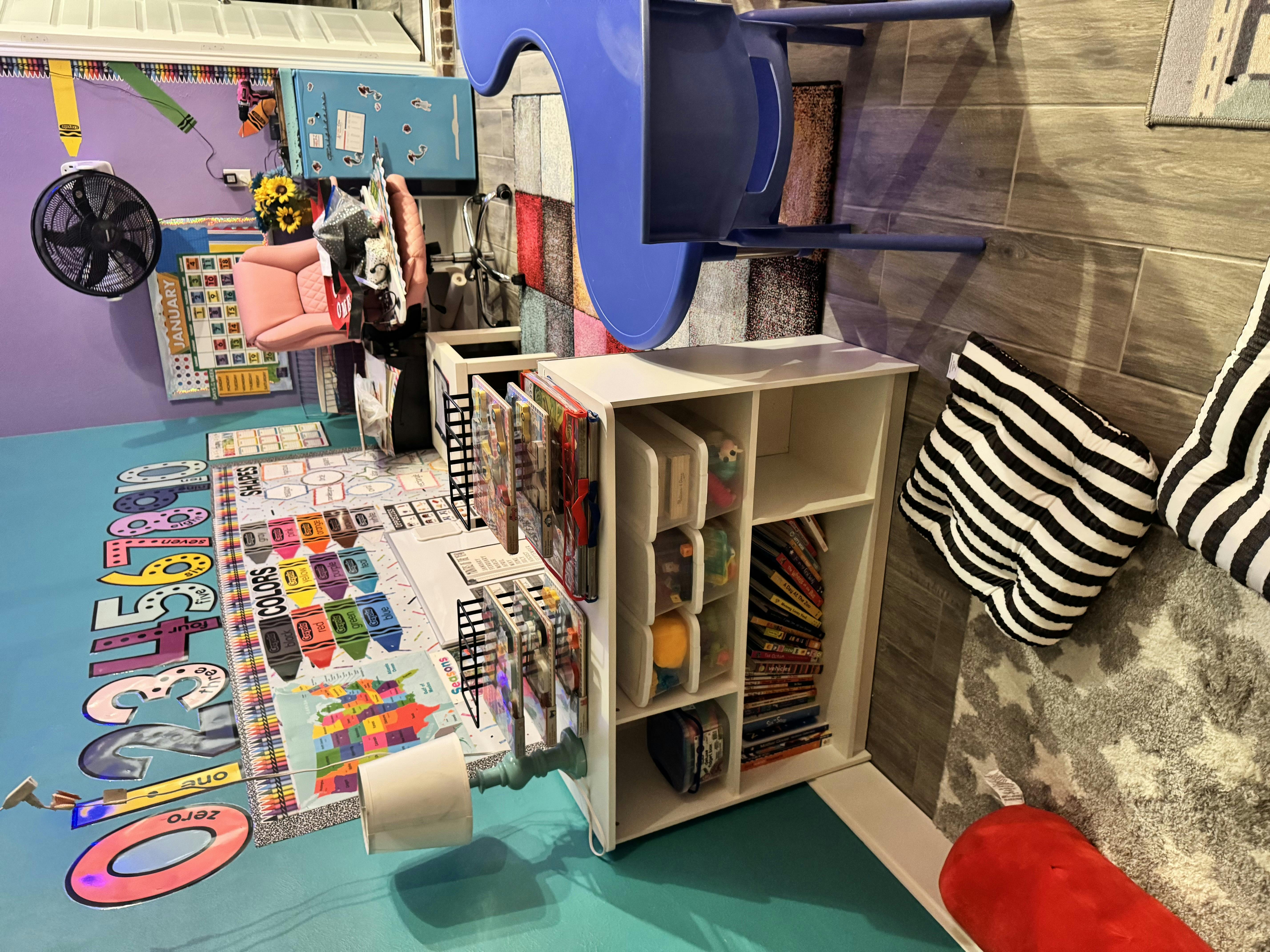 Craft room with storage shelves, fan, and colorful items
