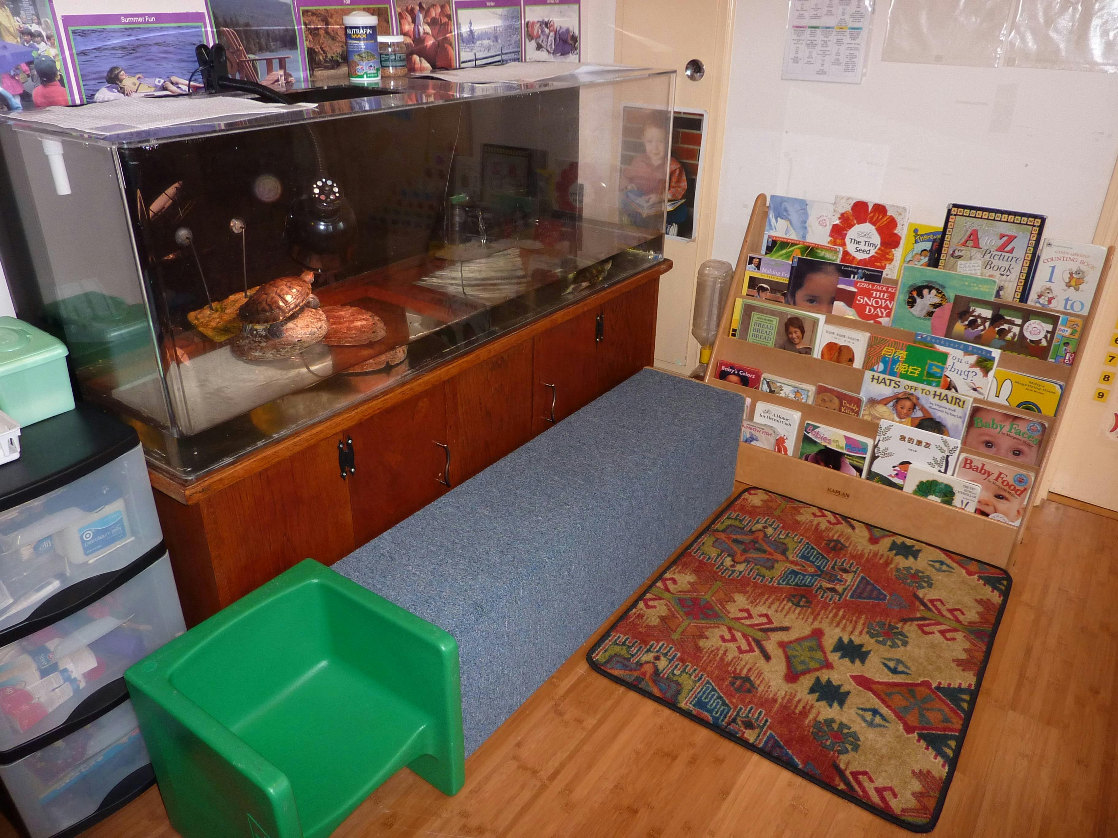 Aquarium on a wooden cabinet next to a book display and green chair
