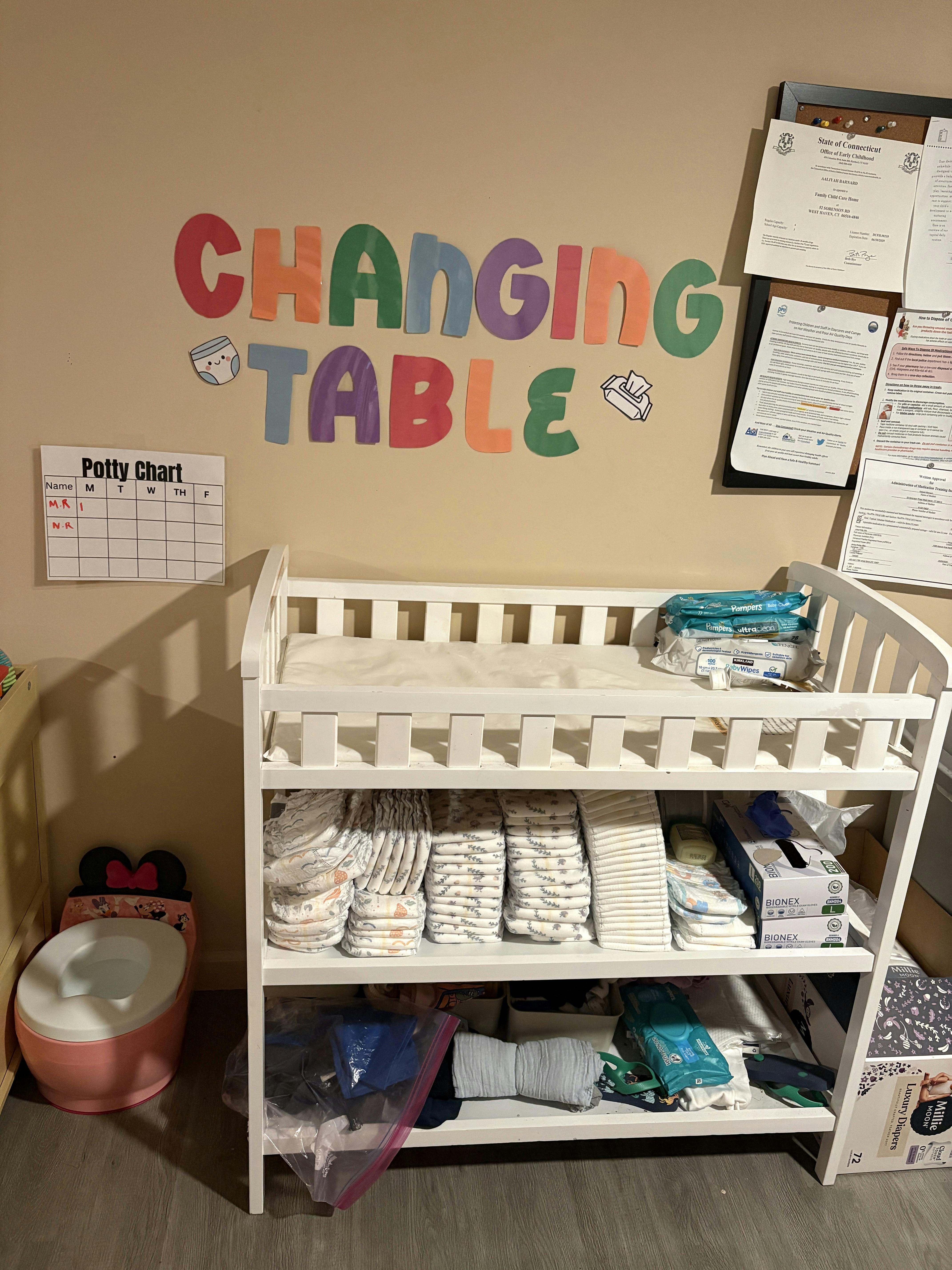 Baby changing station with "Changing Table" sign, diapers, wipes, and a potty training chart