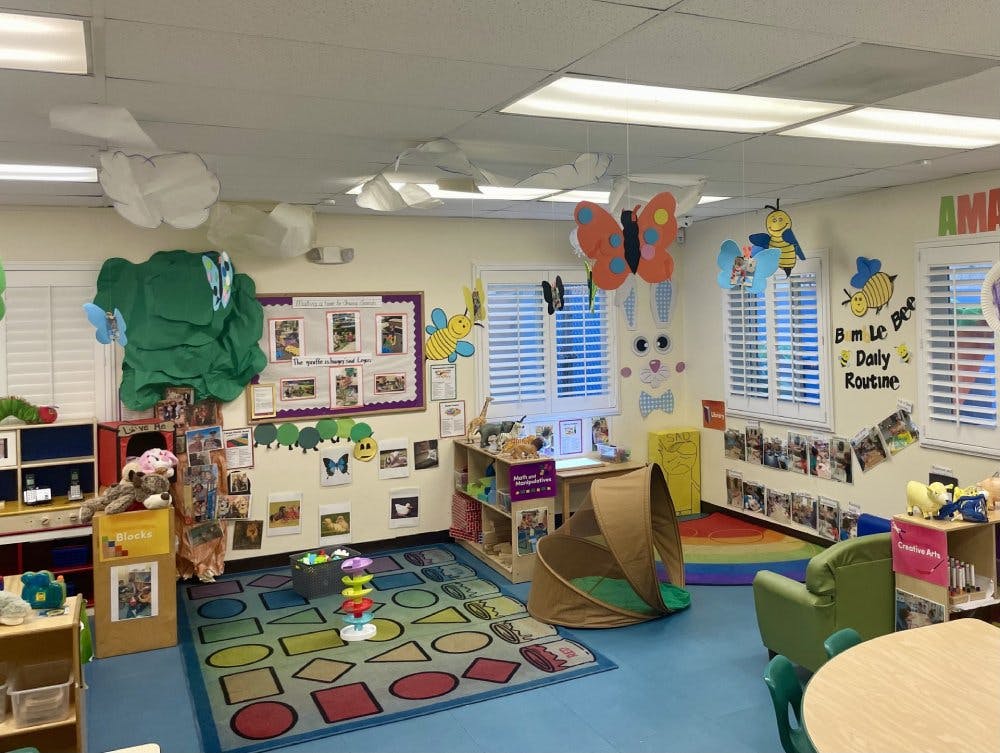 Colorful preschool classroom with various learning stations and decorations