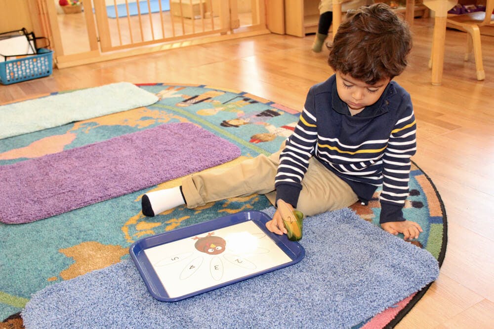 Child sitting on a rug, working with a tray and a small object
