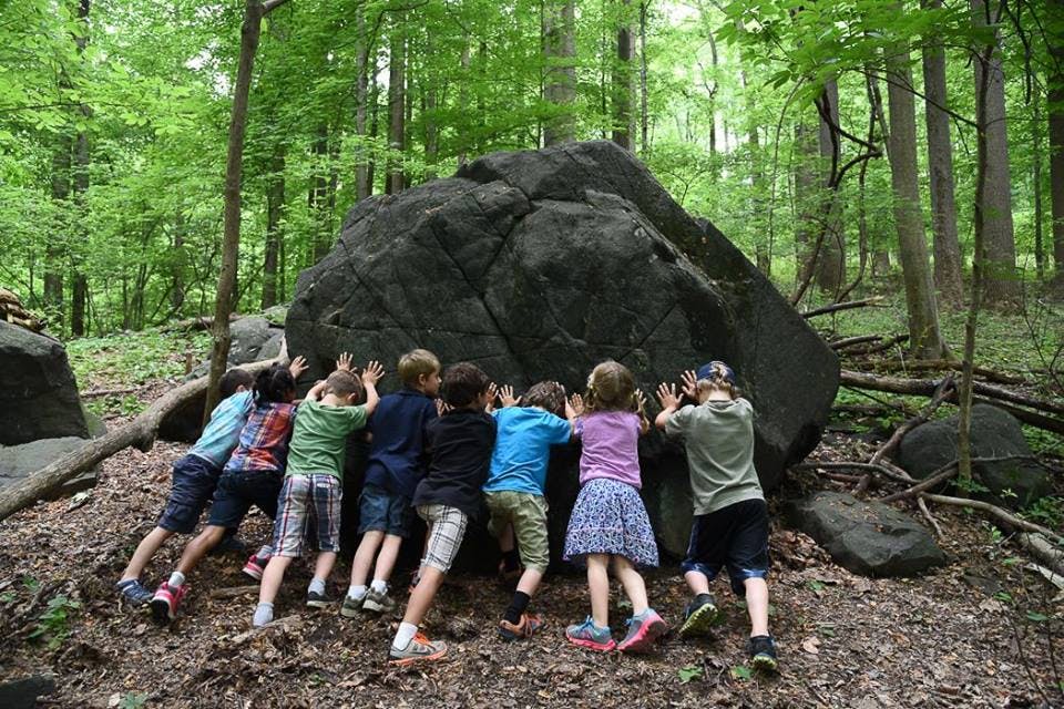 Children pushing a large boulder in a forest