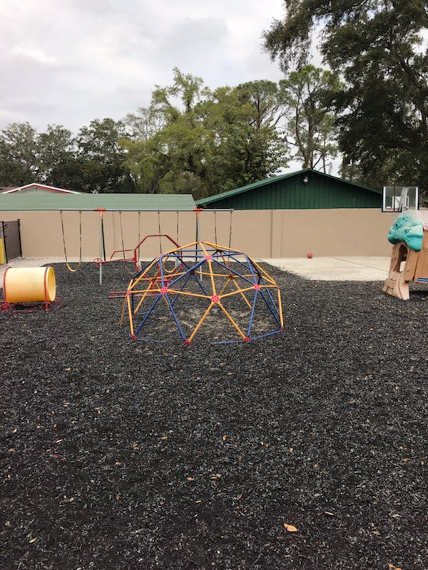 Playground with a dome climber, swings, and a yellow tunnel