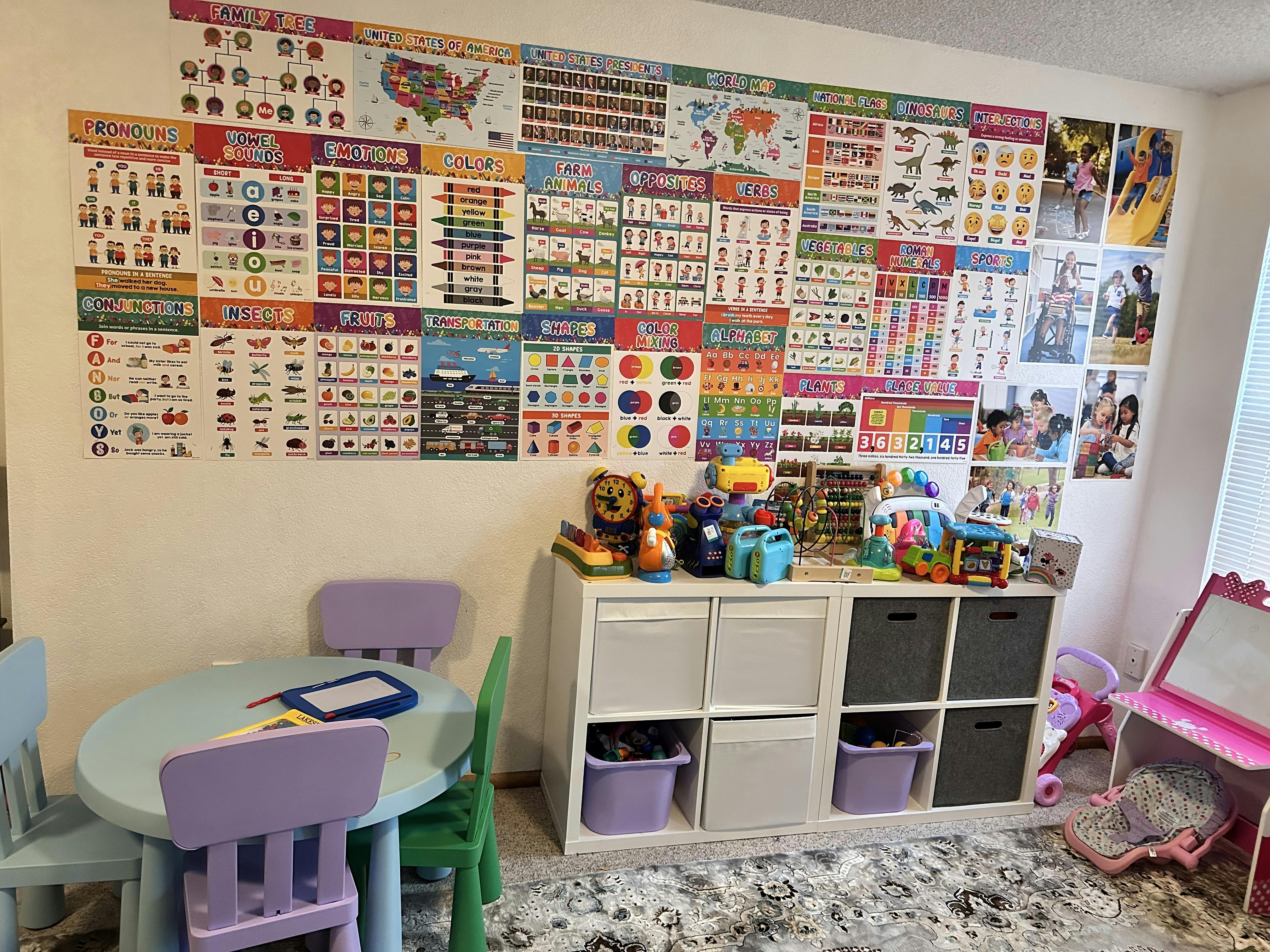 Playroom with educational posters on the wall, a small table and chairs, and toy storage