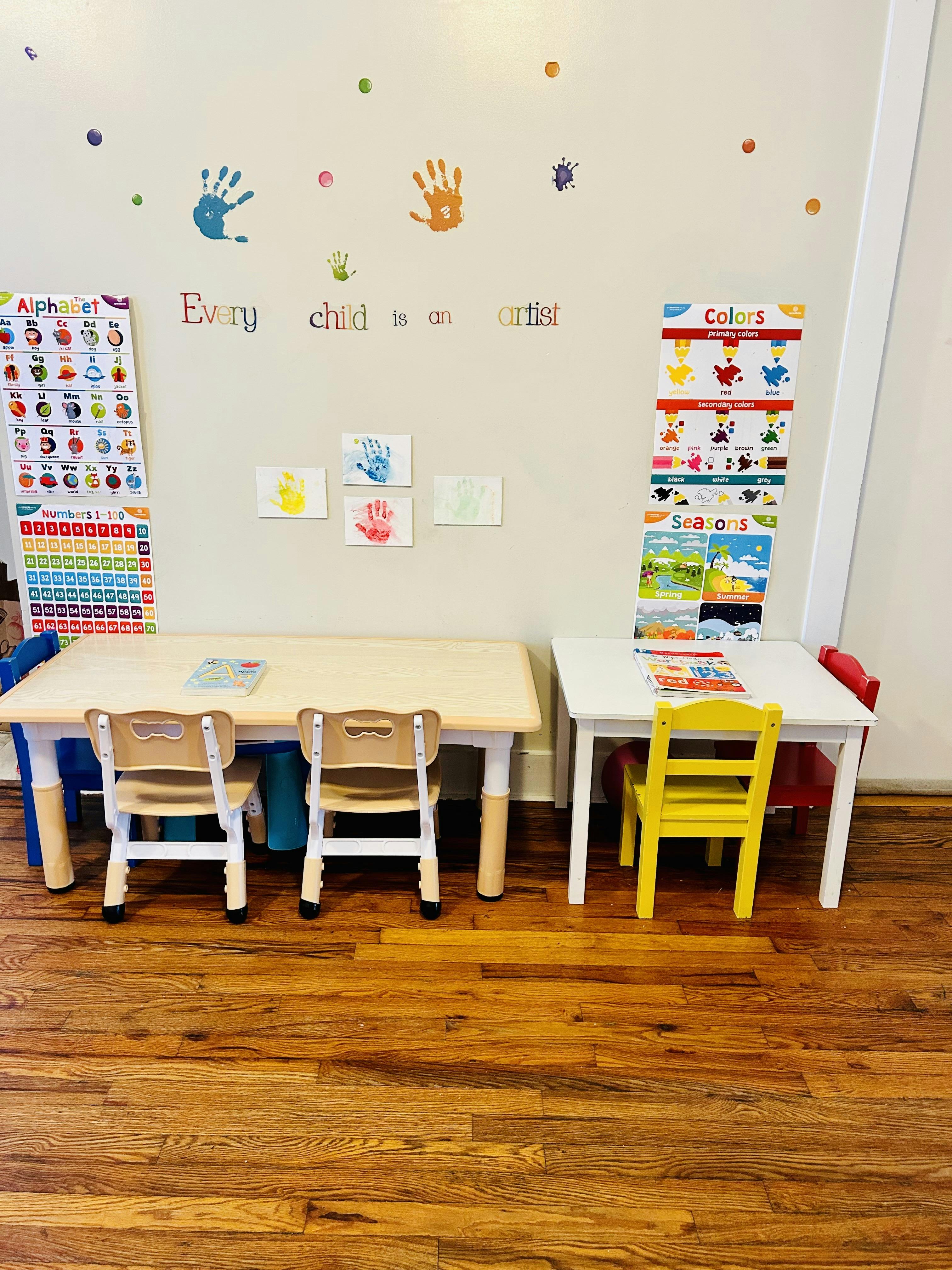 Classroom with small tables and chairs, alphabet and colors charts on the wall