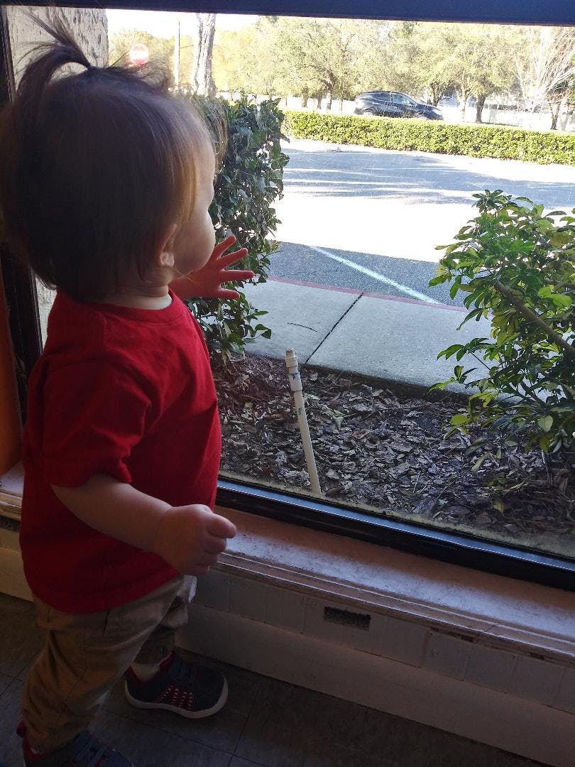 Child looking out a window