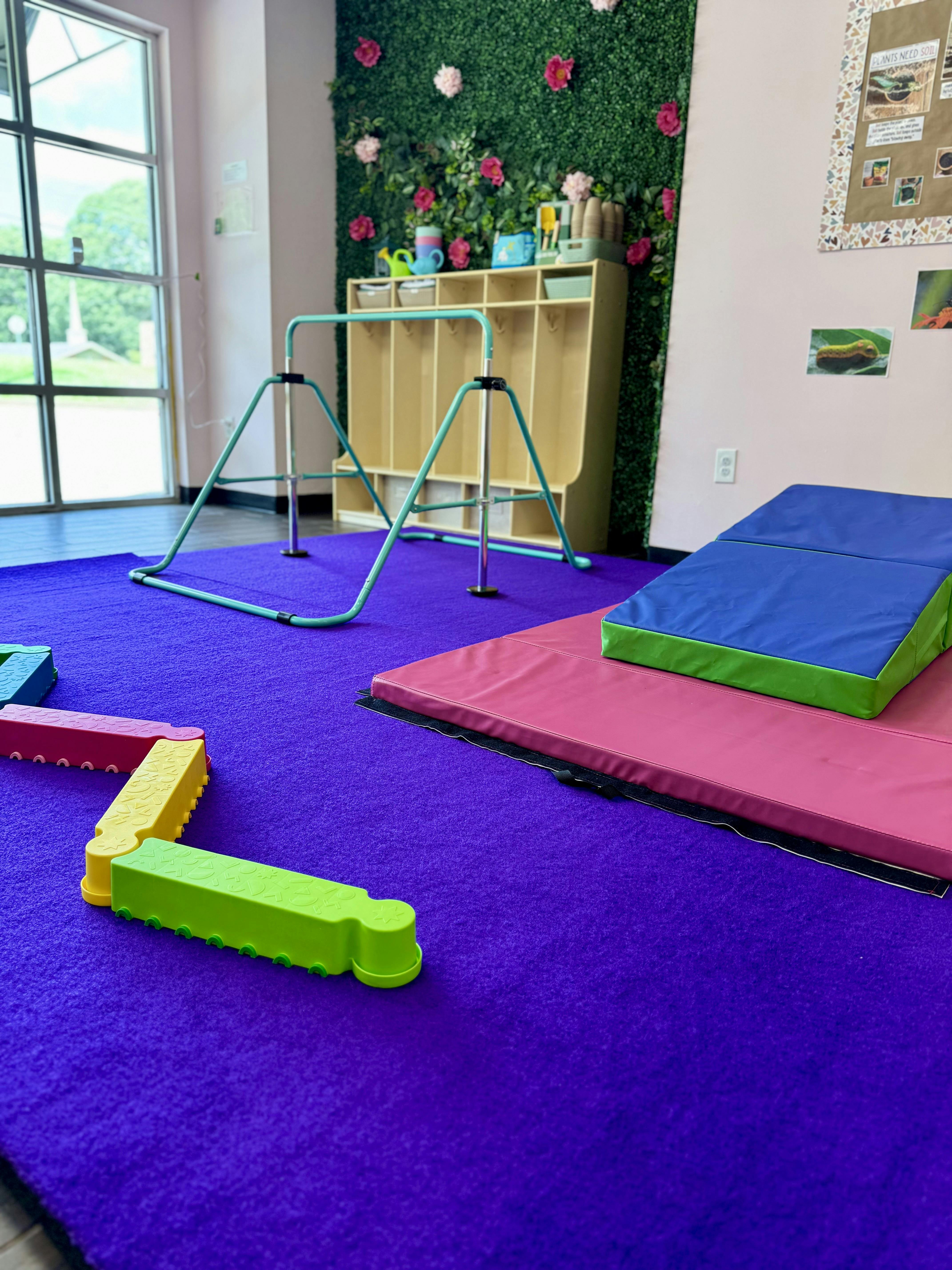 Gymnastics equipment on a purple mat
