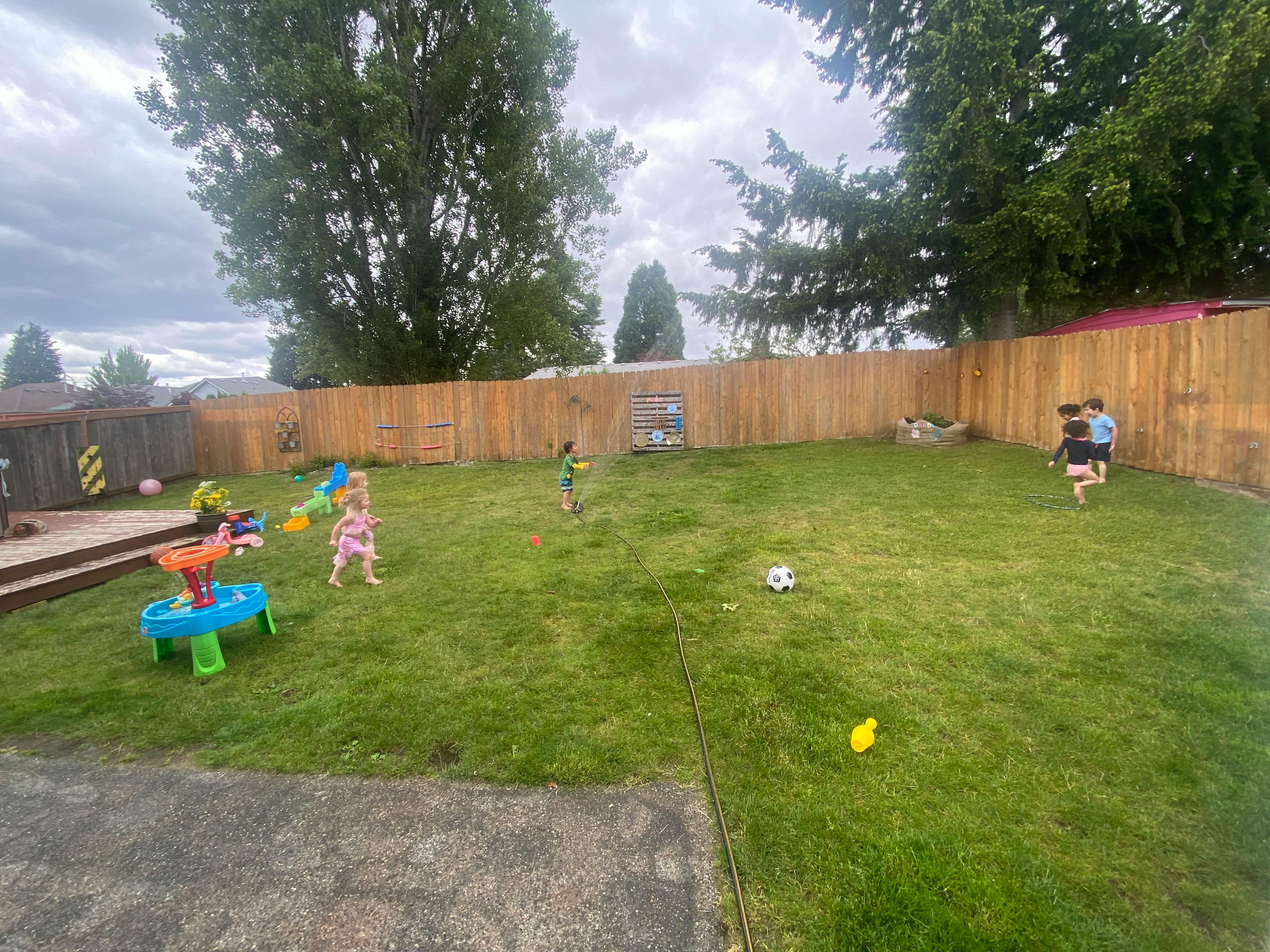 Children playing in a grassy backyard with a wooden fence