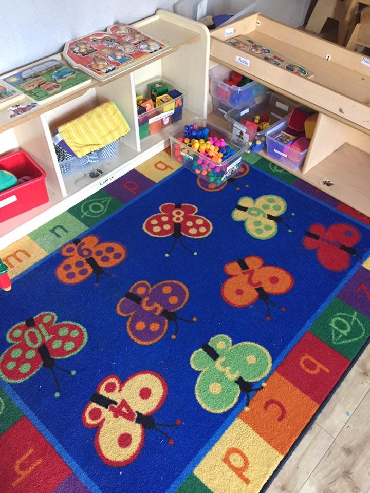 Playroom with a blue butterfly rug and shelves of toys
