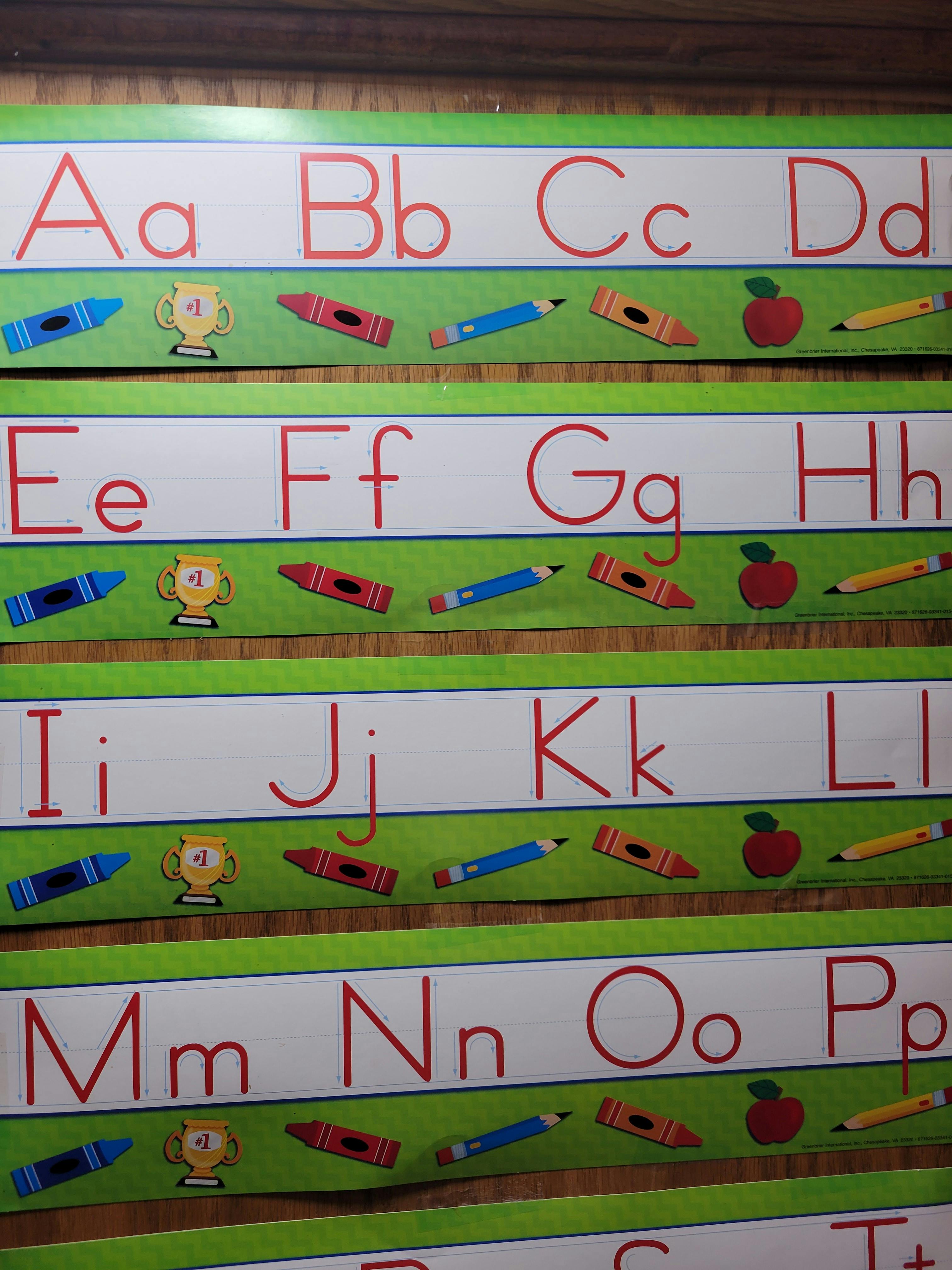 Alphabet chart with letters A through P and school supplies