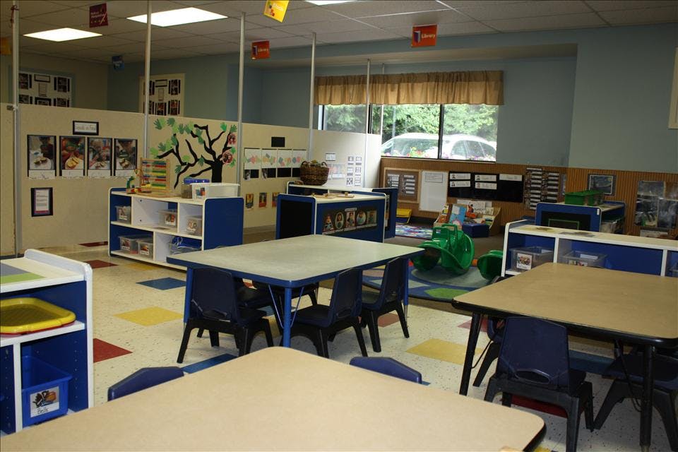 Empty classroom with multiple tables, chairs, and learning centers