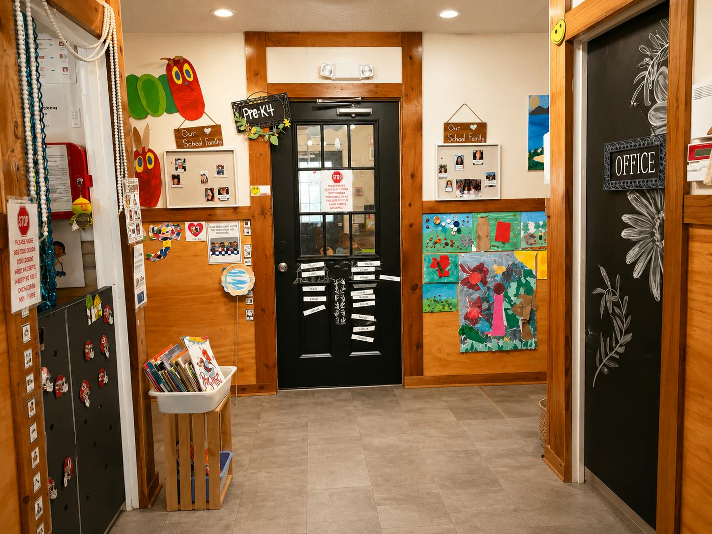 Decorated hallway of a school featuring a Pre-K4 door and office entrance