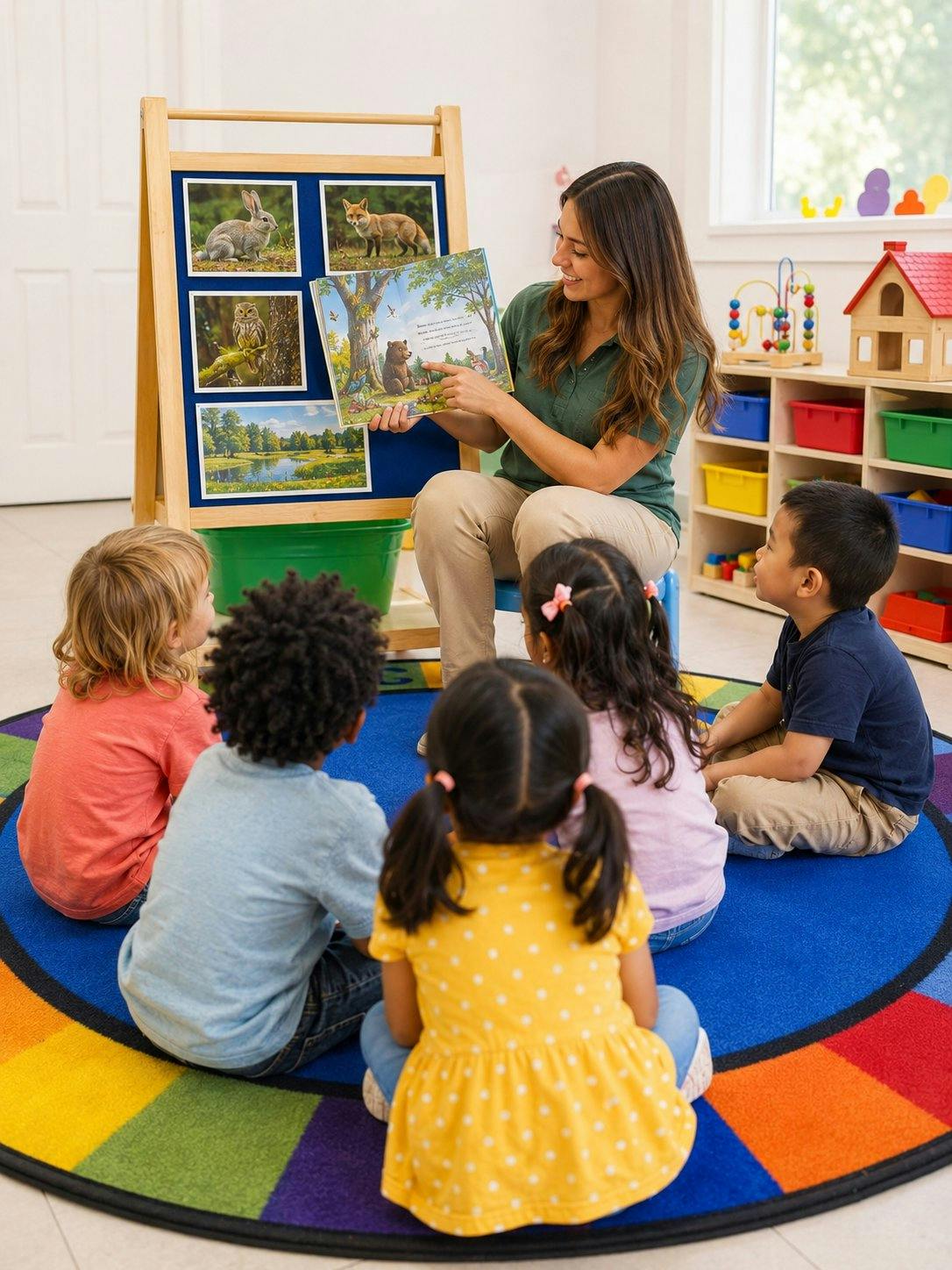 A person reads a picture book to a group of children sitting on a rug