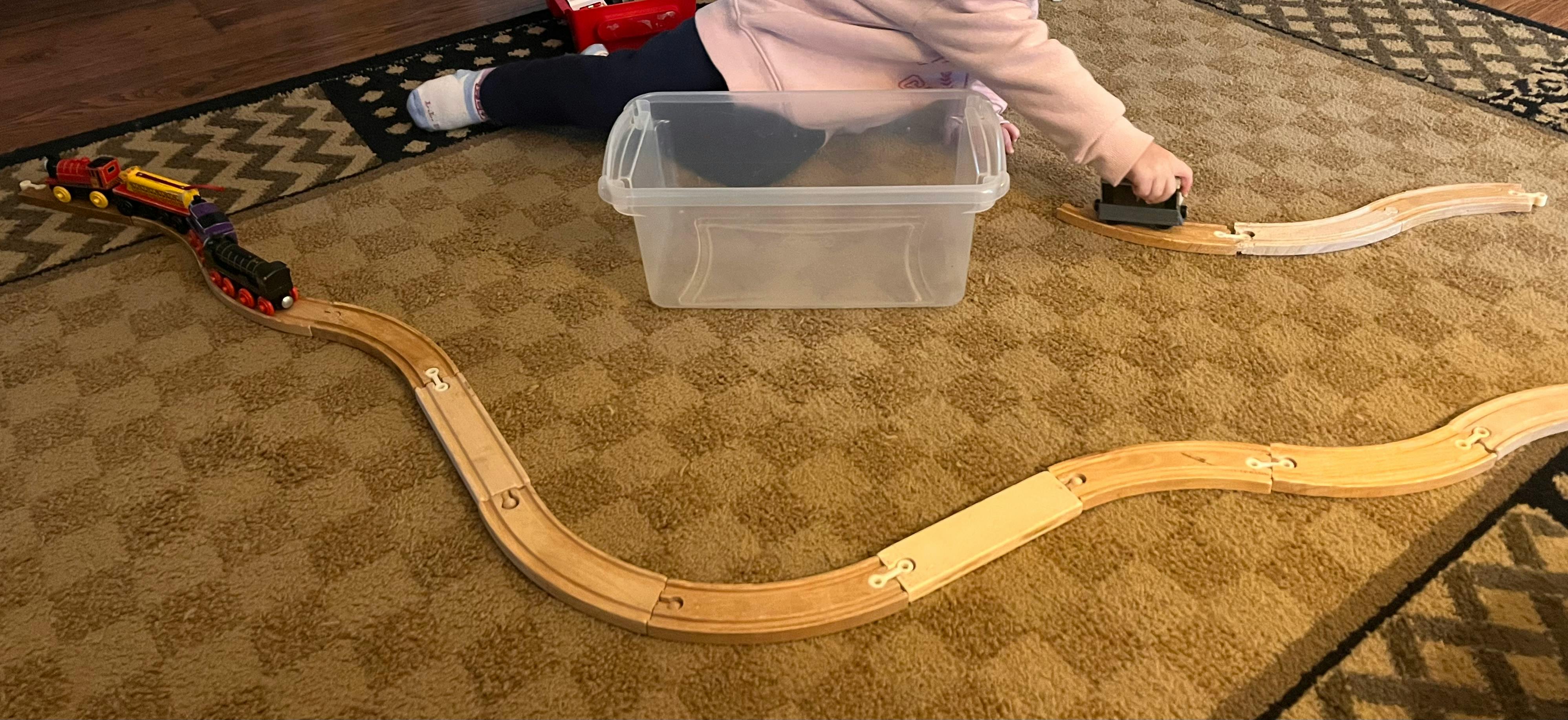 Child playing with a wooden toy train set on a carpet