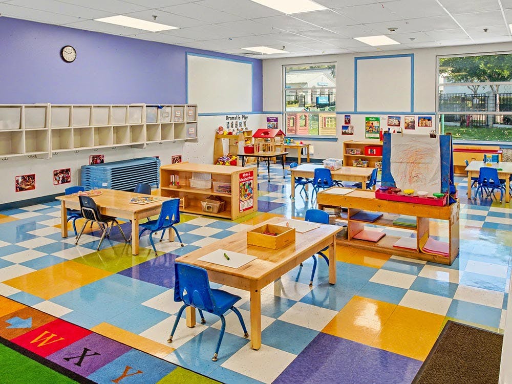 Empty colorful classroom with small tables and chairs