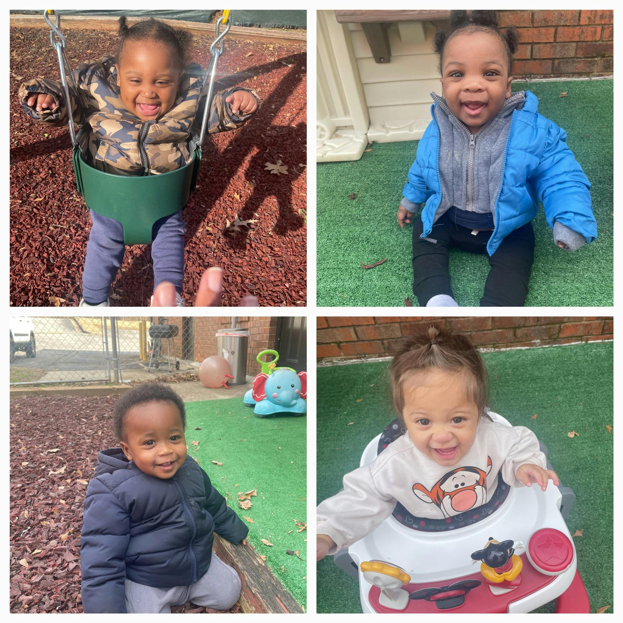 Collage of a child in a swing, sitting on grass, sitting on wood chips, and in a walker