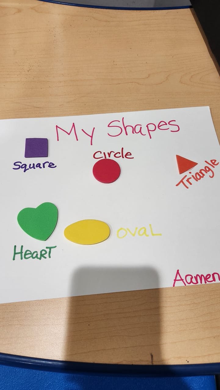 Paper with cut-out shapes labeled square, circle, triangle, heart, and oval