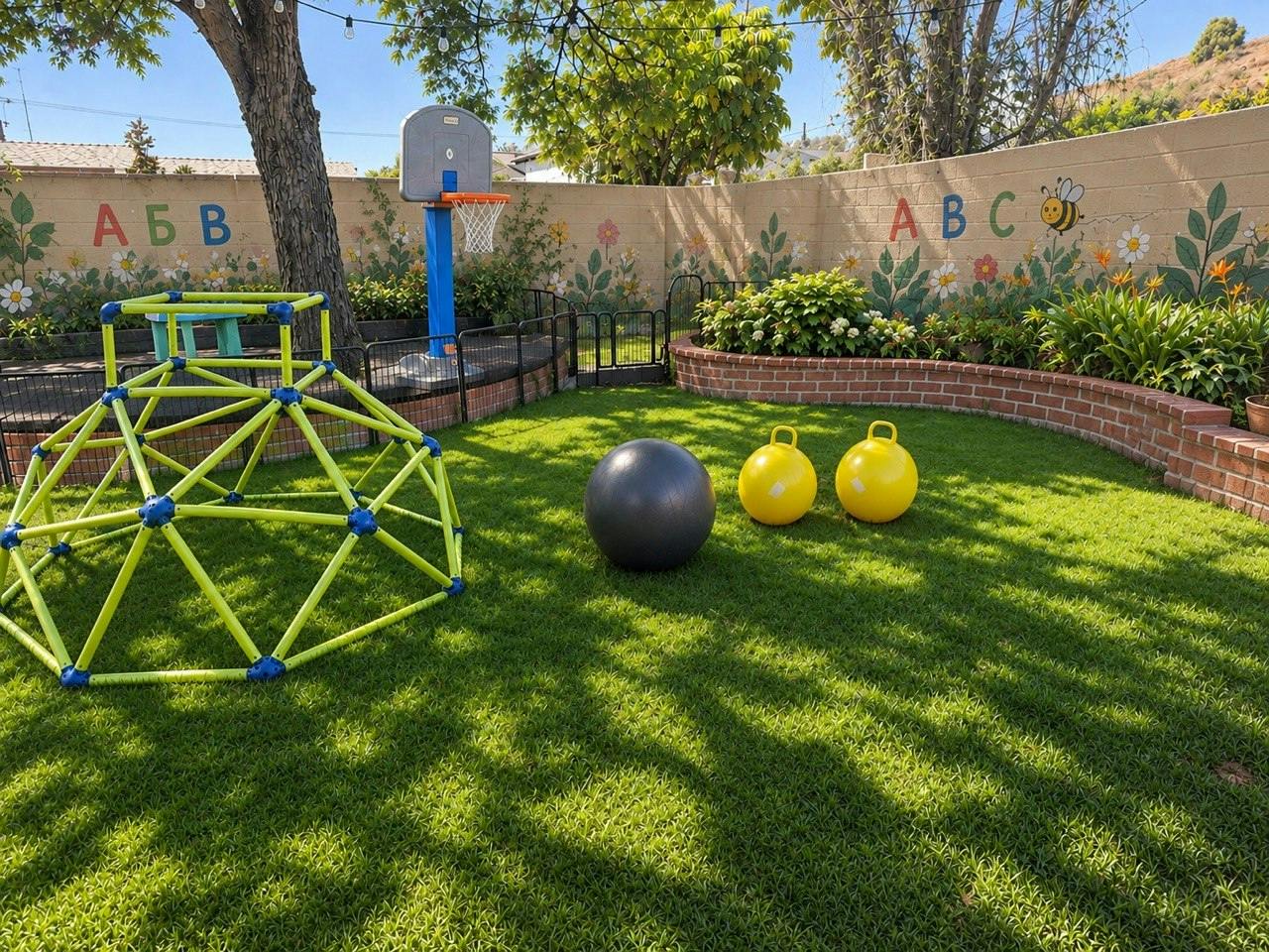 Play equipment and bouncy balls on a lawn in front of a painted garden wall