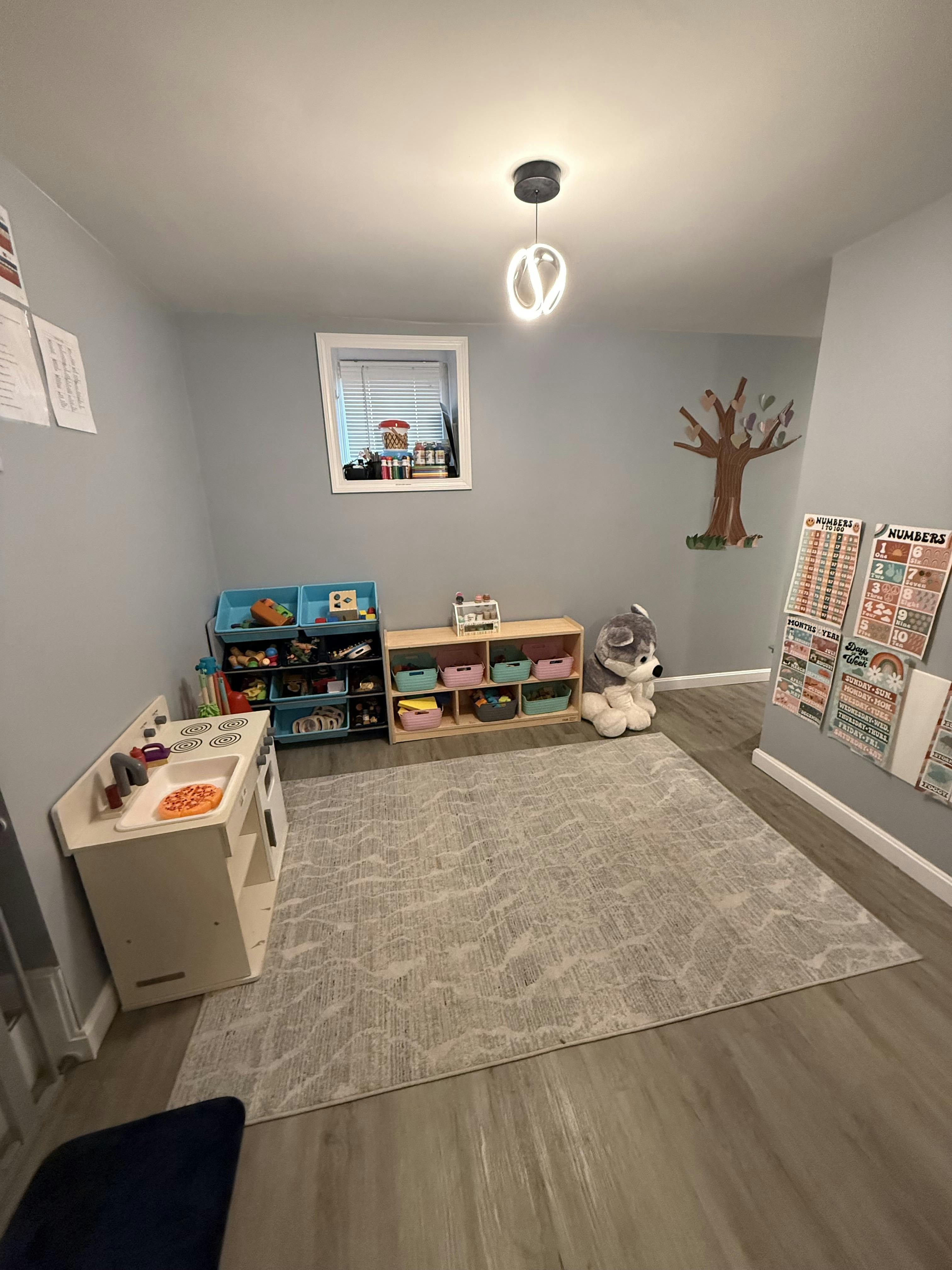 Playroom with toy storage shelves, a kitchen set, and educational wall posters