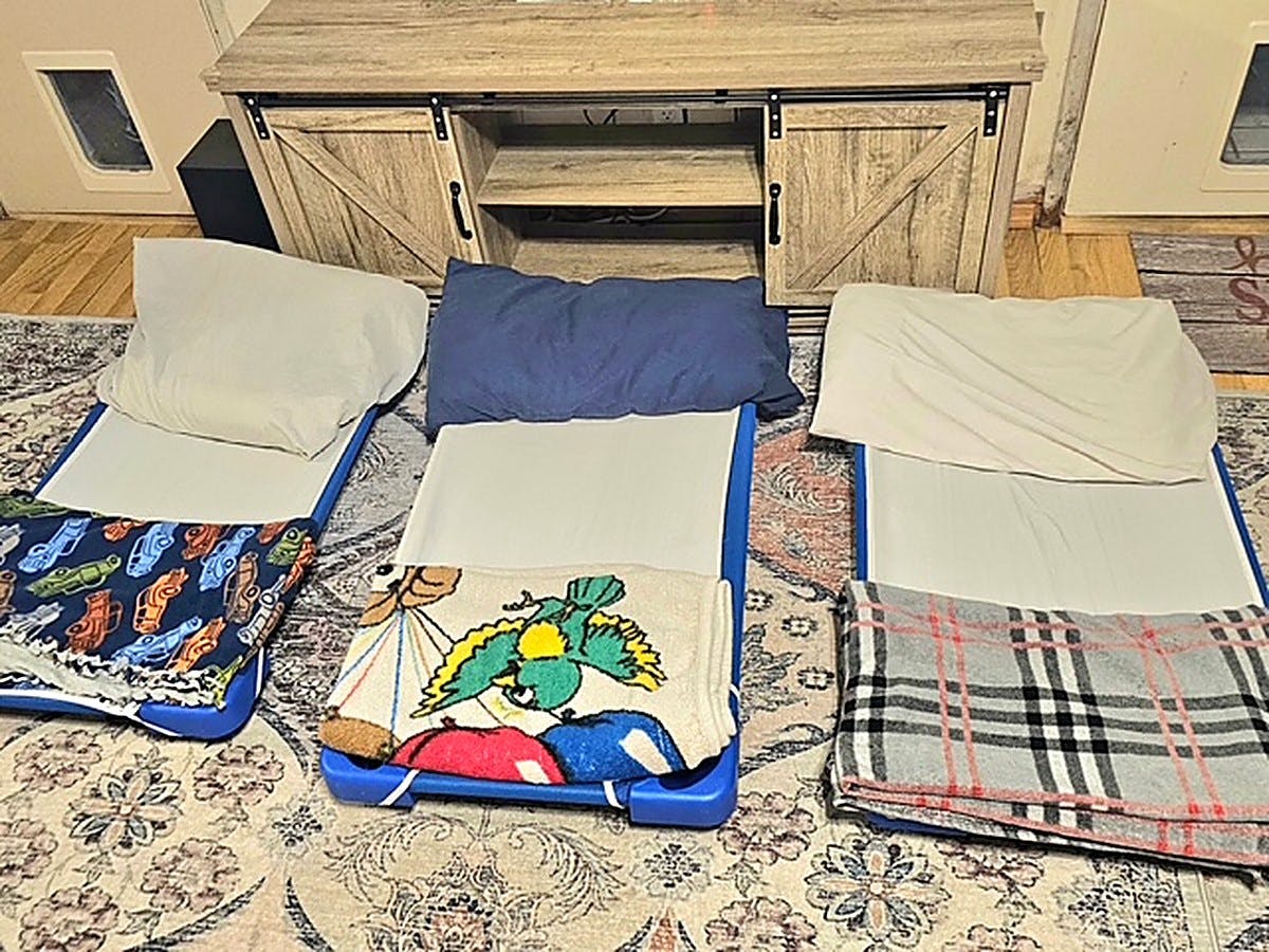 Three floor cots with pillows and blankets on a patterned rug