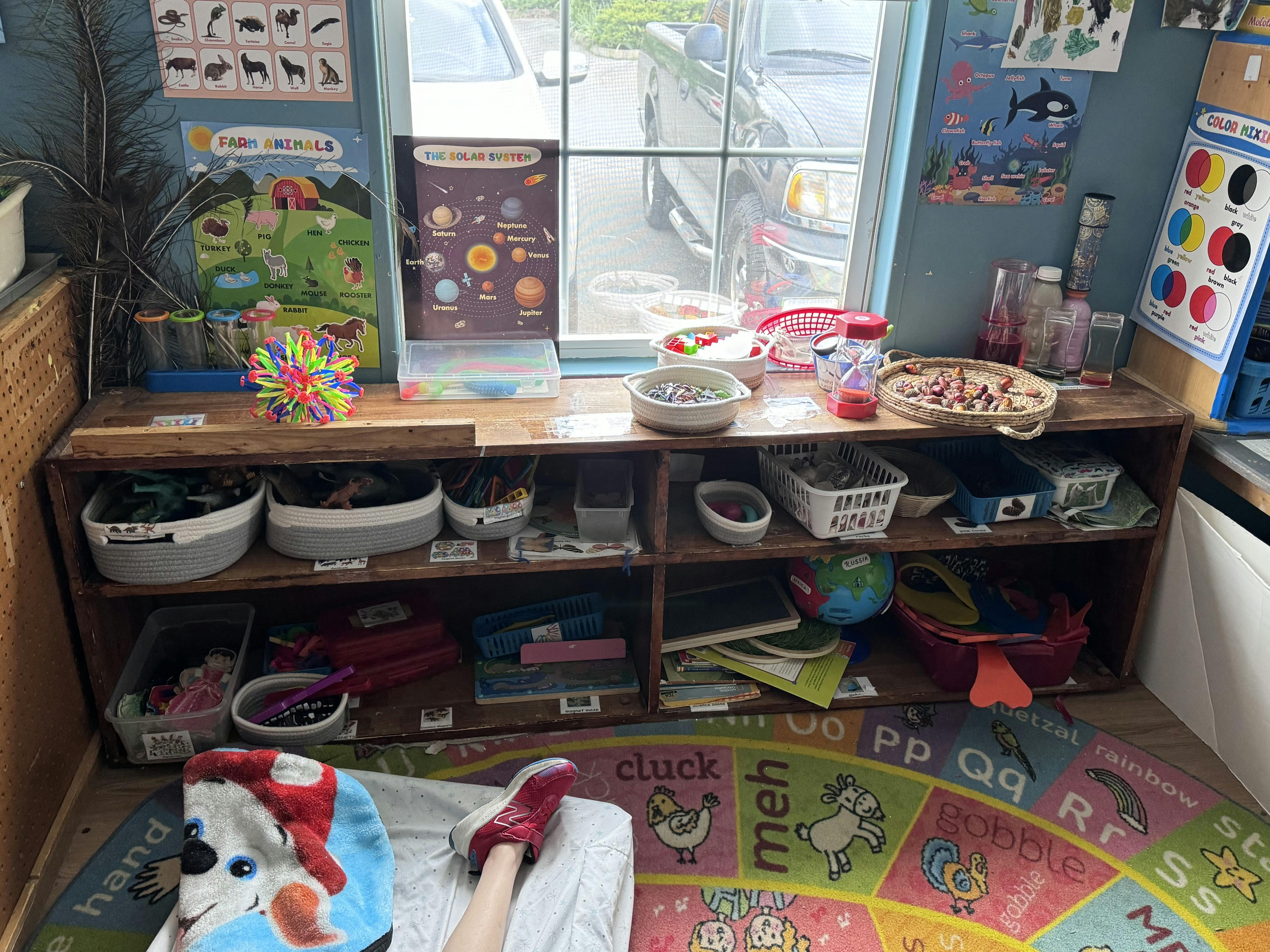 Classroom bookshelf with educational posters and toys