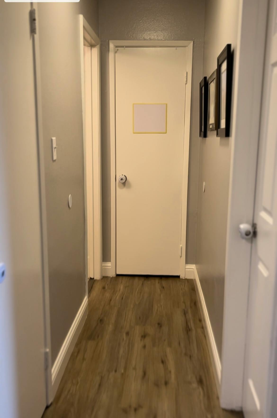 Hallway with wood floor and multiple doors