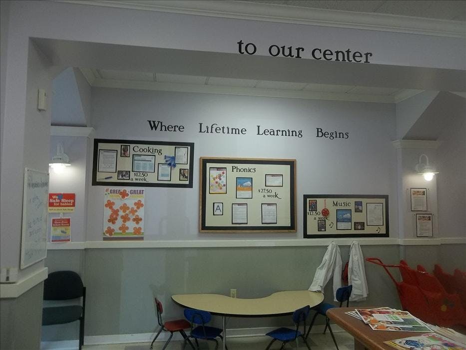 Classroom wall with displays for Cooking, Phonics, and Music classes